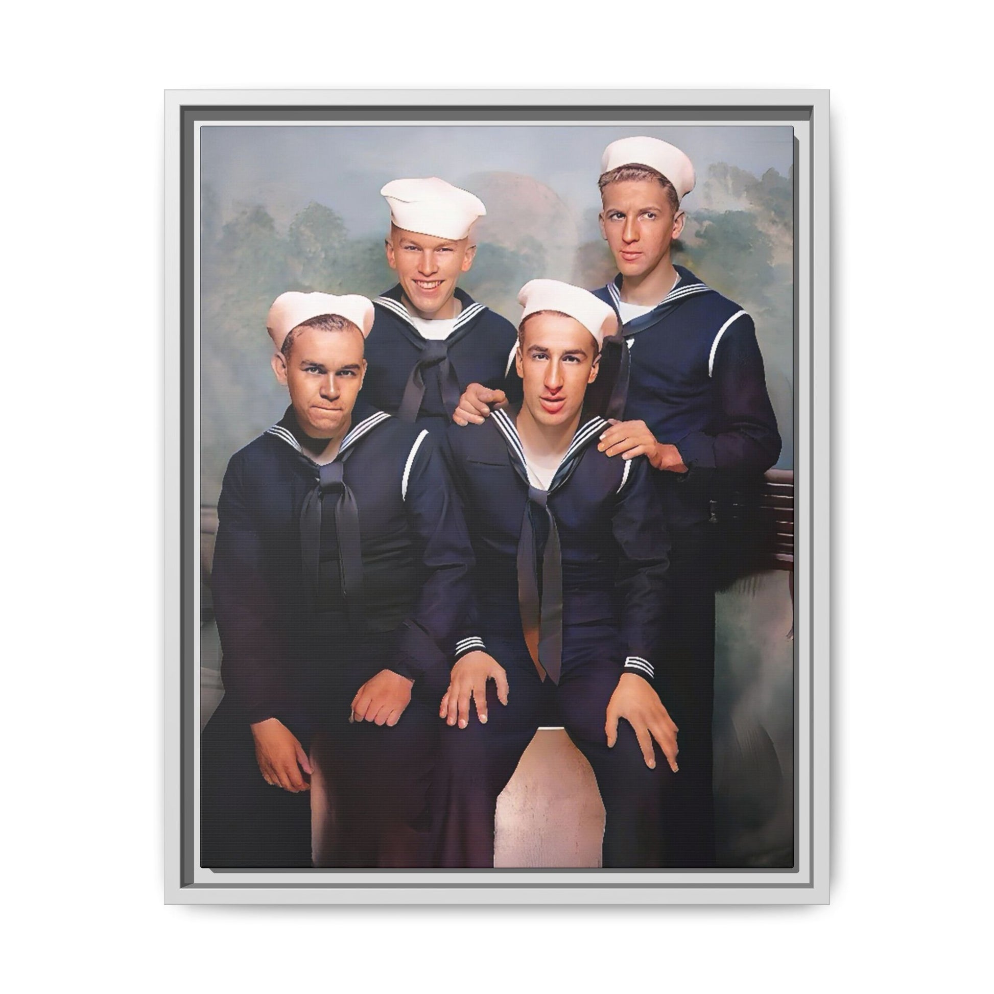 A framed vintage naval portrait on matte canvas featuring four sailors at Naval Station Great Lakes, capturing unity, service, and military pride.