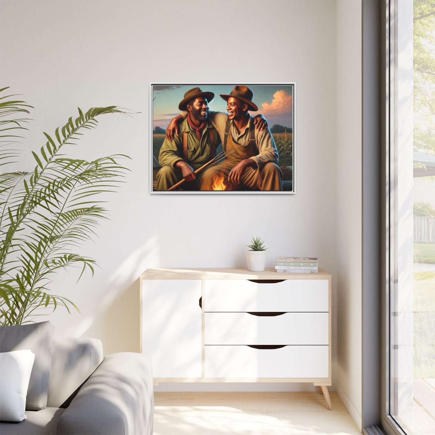 Artwork of an older African-American queer couple sharing a warm, joyful moment by a campfire in rural Iowa. Set against vast fields and an open sky, the scene captures love, resilience, and the nostalgic beauty of Americana, with firelight illuminating their laughter and companionship
