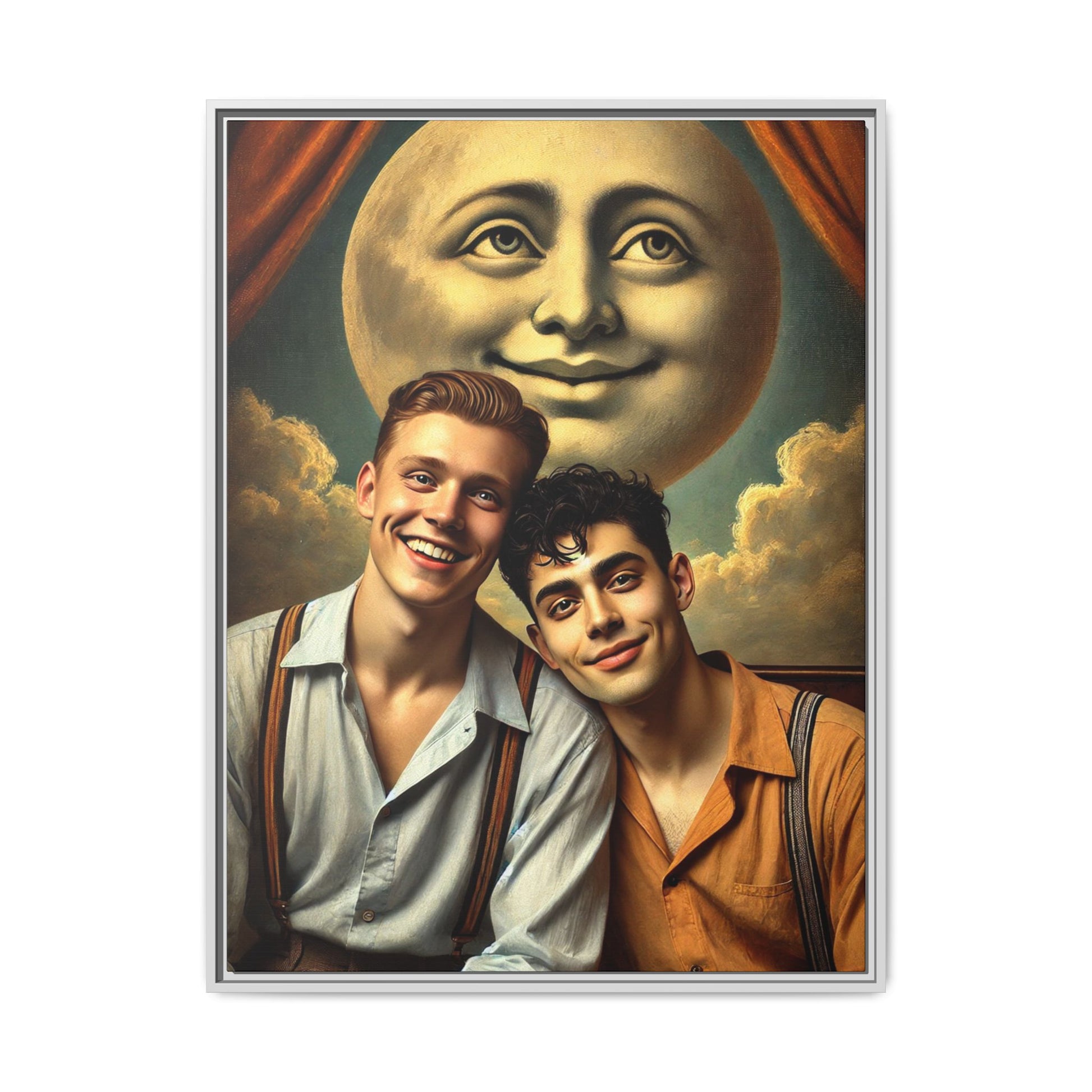 Framed artwork featuring a joyful queer couple in 1930s attire, seated close together beneath a smiling full moon in a theatrical studio setting. A celebration of reclaimed LGBTQ+ narratives in nostalgic portraiture.