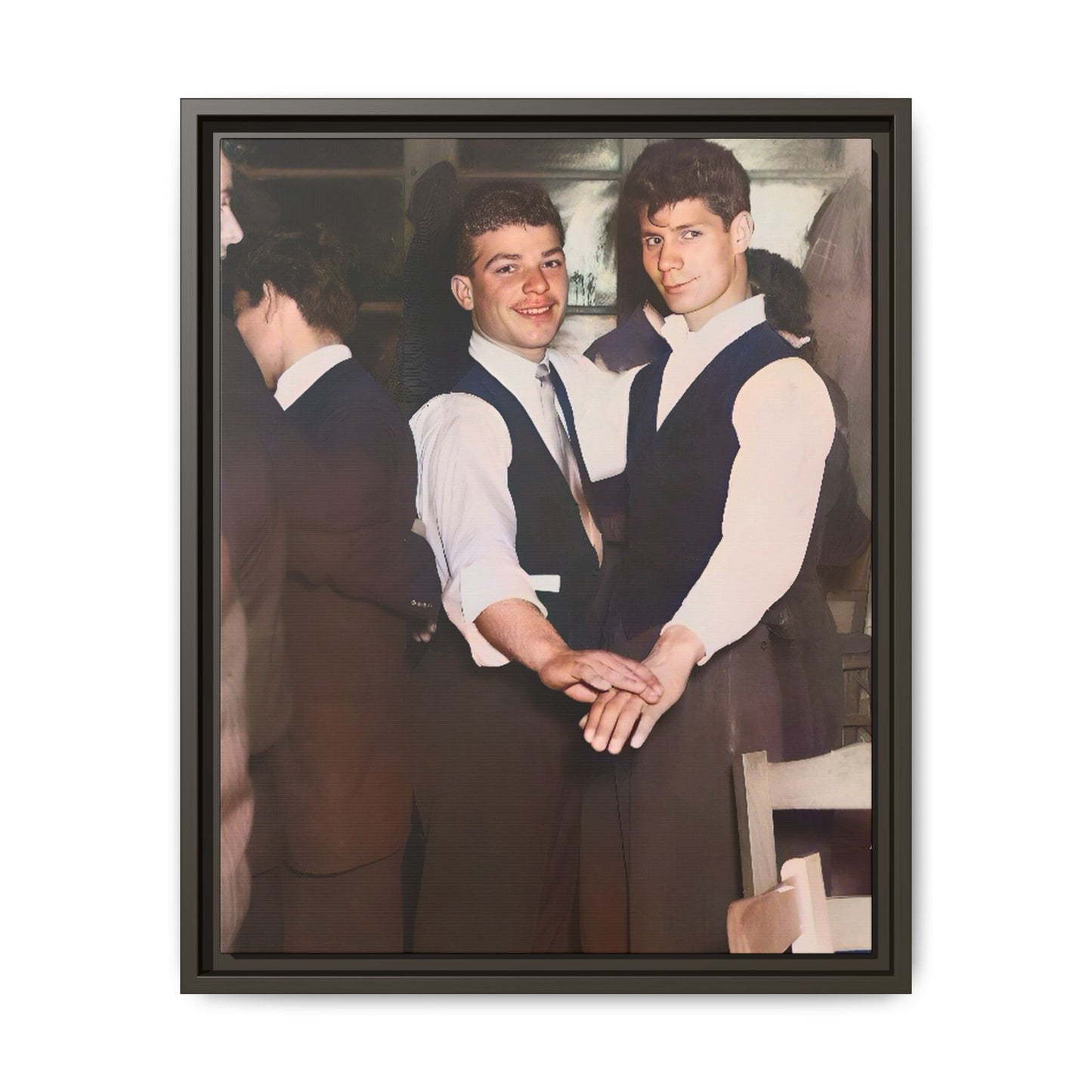 Restored and colorized mid-20th century photo of Clarence and Francis dancing, celebrating LGBTQ+ love and resilience, framed as a matte canvas wall décor piece. Gay Couple