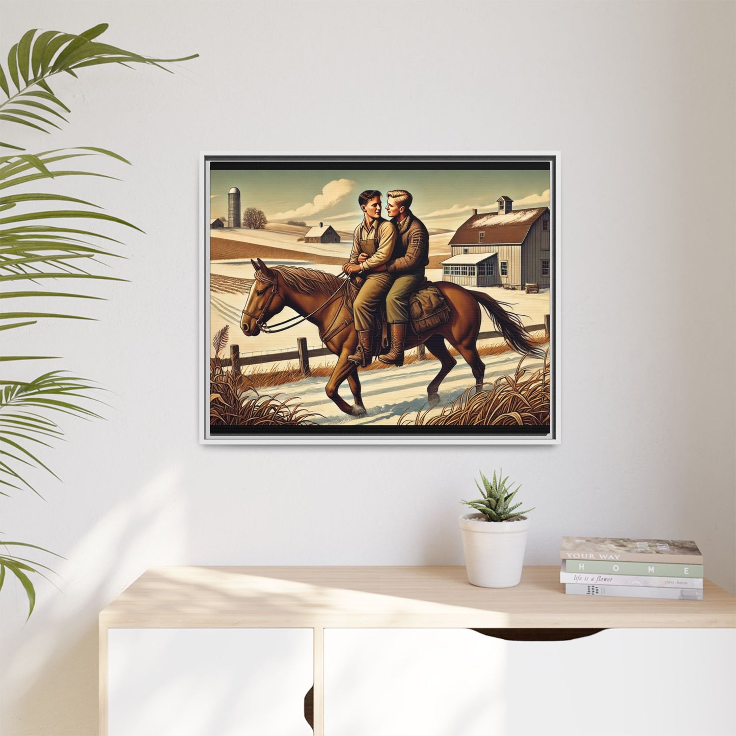 Artwork of a gay couple sharing a tender moment while seated together on a single horse in a snowy, rural Midwestern landscape. Dressed in early 20th-century attire, the men gaze at each other warmly, capturing love, resilience, and companionship in a serene 1930s-inspired American scene