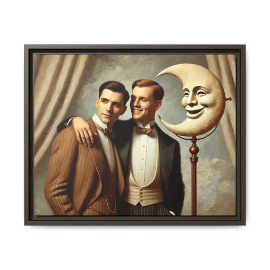 Framed matte canvas artwork of two men in vintage tuxedos standing beside a crescent moon prop. This piece reclaims LGBTQ+ representation lost to bias and honors everyday moments of affection and connection once absent from historical archives.