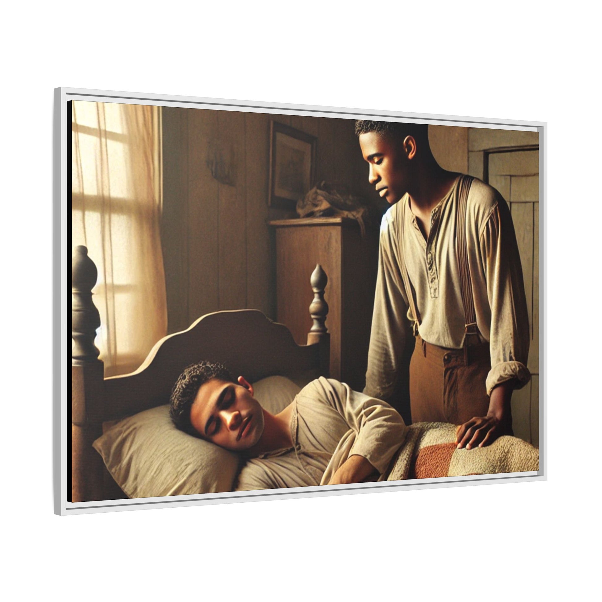 Grant 007 artwork depicting an African-American queer couple in a tender, intimate moment within a rustic bedroom. This scene, bathed in warm, nostalgic light, captures the love and quiet resilience of rural life, celebrating LGBTQ+ representation and African-American heritage.