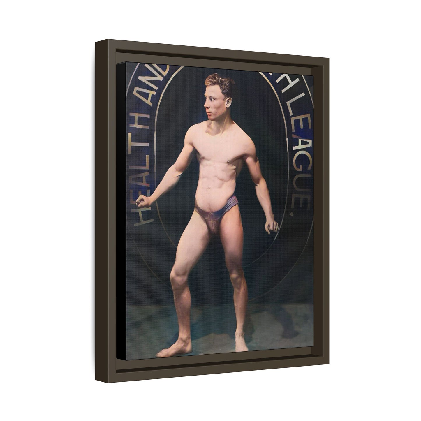 Restored vintage photo of Robert, a young bodybuilder from Manchester, UK, circa early 20th century, framed canvas