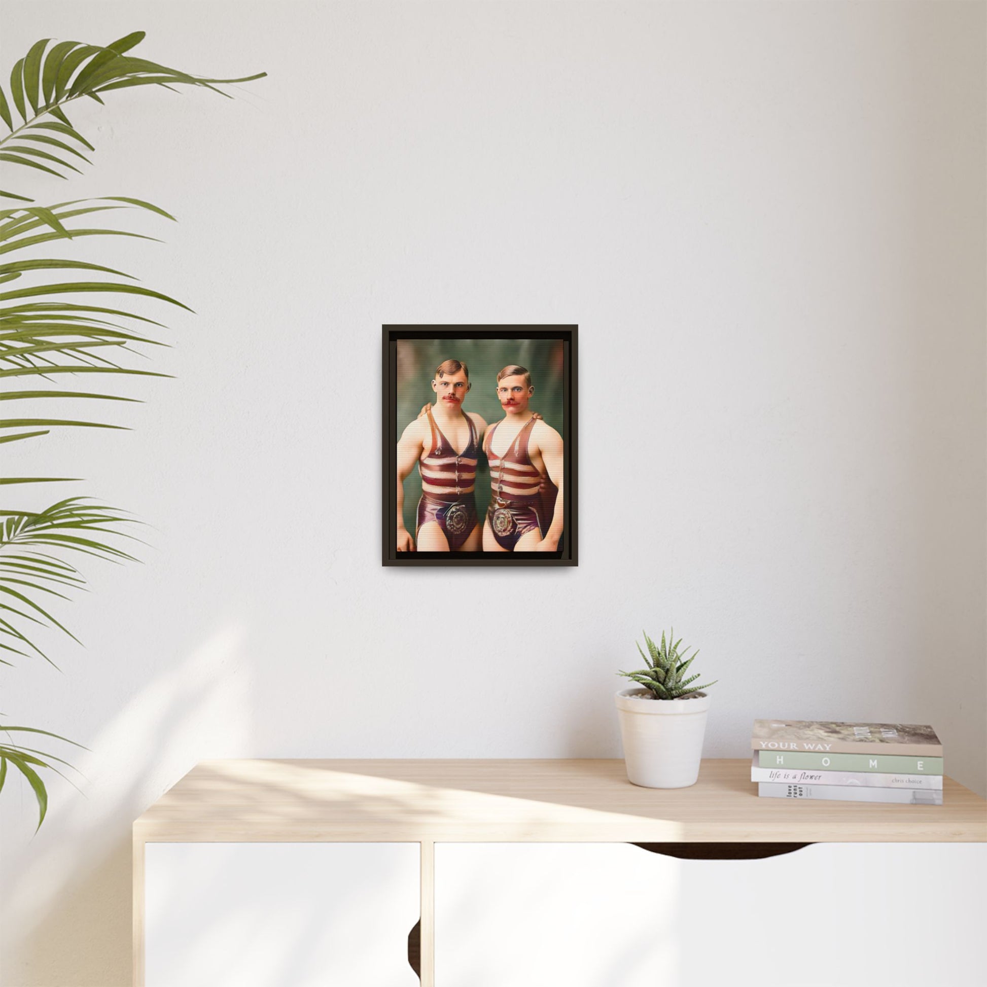Restored early 1900s vintage photograph of Oscar and Herman in Pittsburgh, Pennsylvania, wearing striped singlets. Framed matte canvas art celebrating love, strength, and LGBTQ+ history. Gay Circus Couple Performers