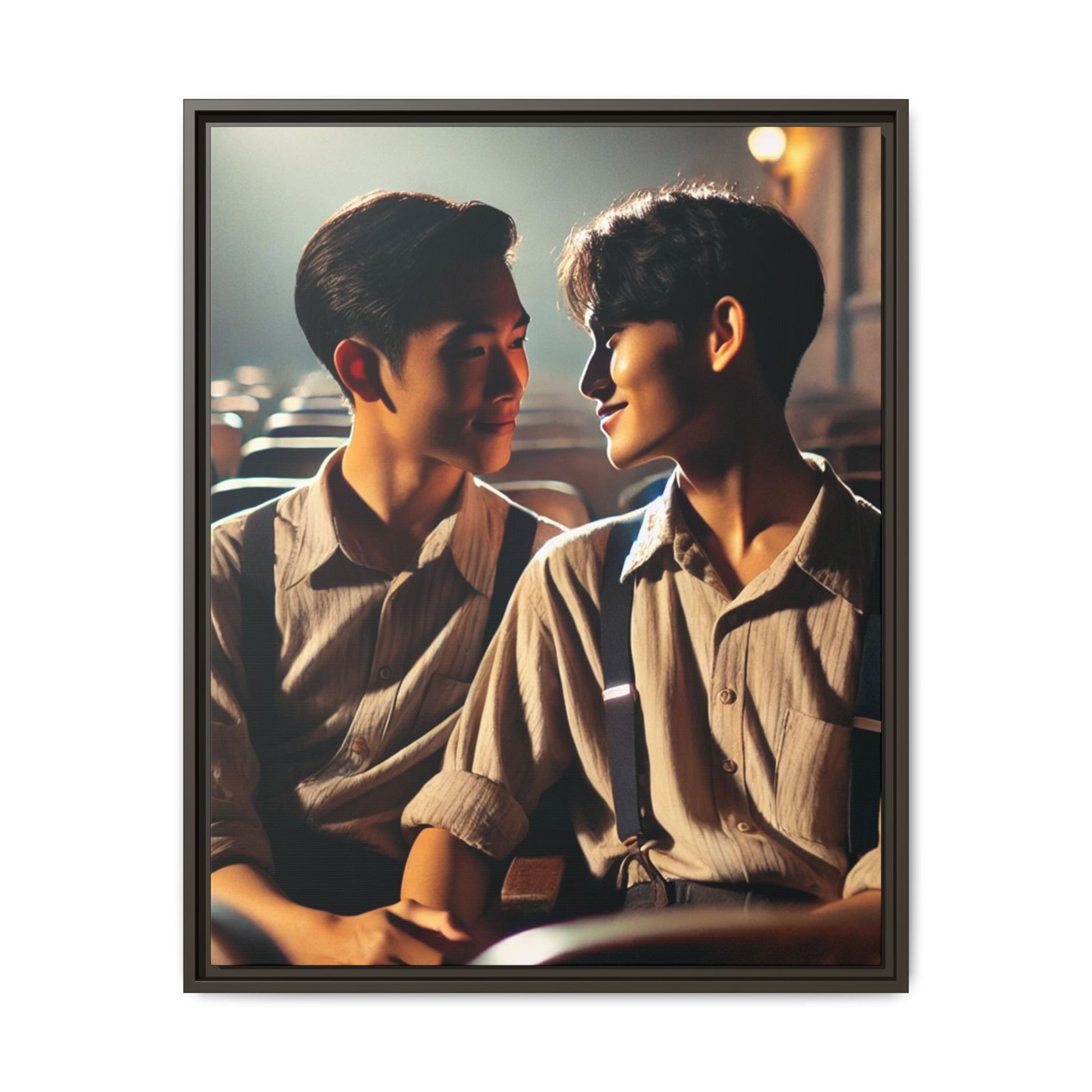 In the hush of a dimly lit Korean cinema, two young men sit hand-in-hand—sharing a gaze filled with tenderness, defiance, and quiet joy. Dressed in mid-century attire with soft linen shirts and suspenders, they embody a moment of connection that feels both intimate and revolutionary. This restored and colorized vintage portrait, believed to be from 1947 Korea, is a poignant reminder that queer love has always existed—even in places and times where it dared not speak its name.