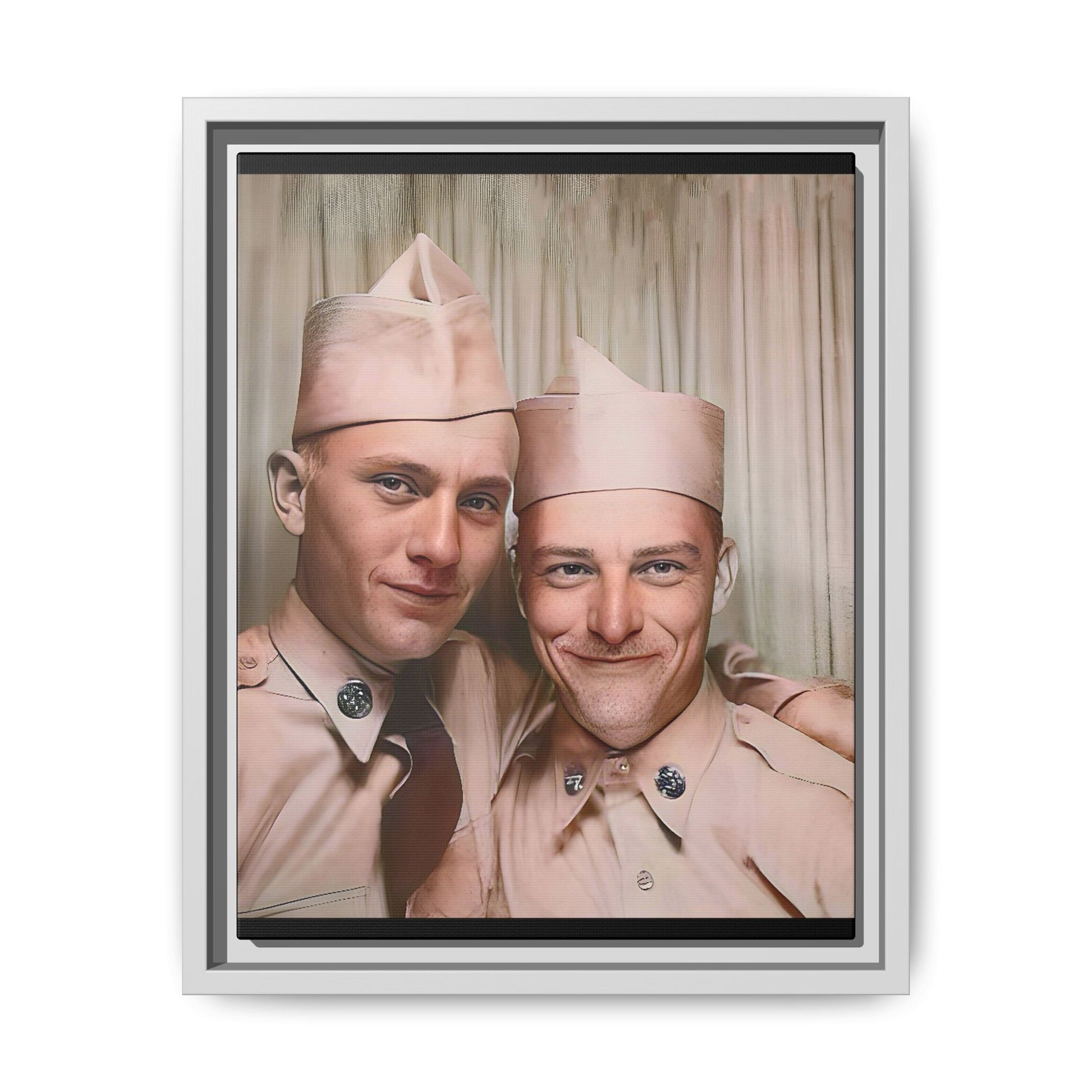 A framed vintage army portrait on matte canvas featuring two soldiers at Puget Sound Naval Shipyard, symbolizing friendship and service. Gay Couple Photo Booth
