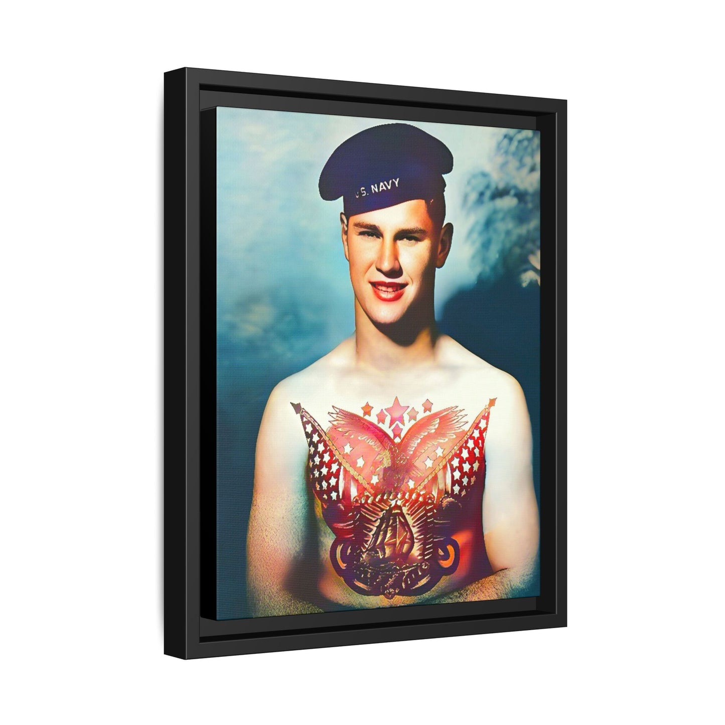 A striking vintage portrait of Charlie, a proud U.S. Navy sailor at Norfolk Navy Yard, showcasing a patriotic tattoo. This framed matte canvas print celebrates military history, individuality, and LGBTQ+ representation—perfect for collectors and history enthusiasts.