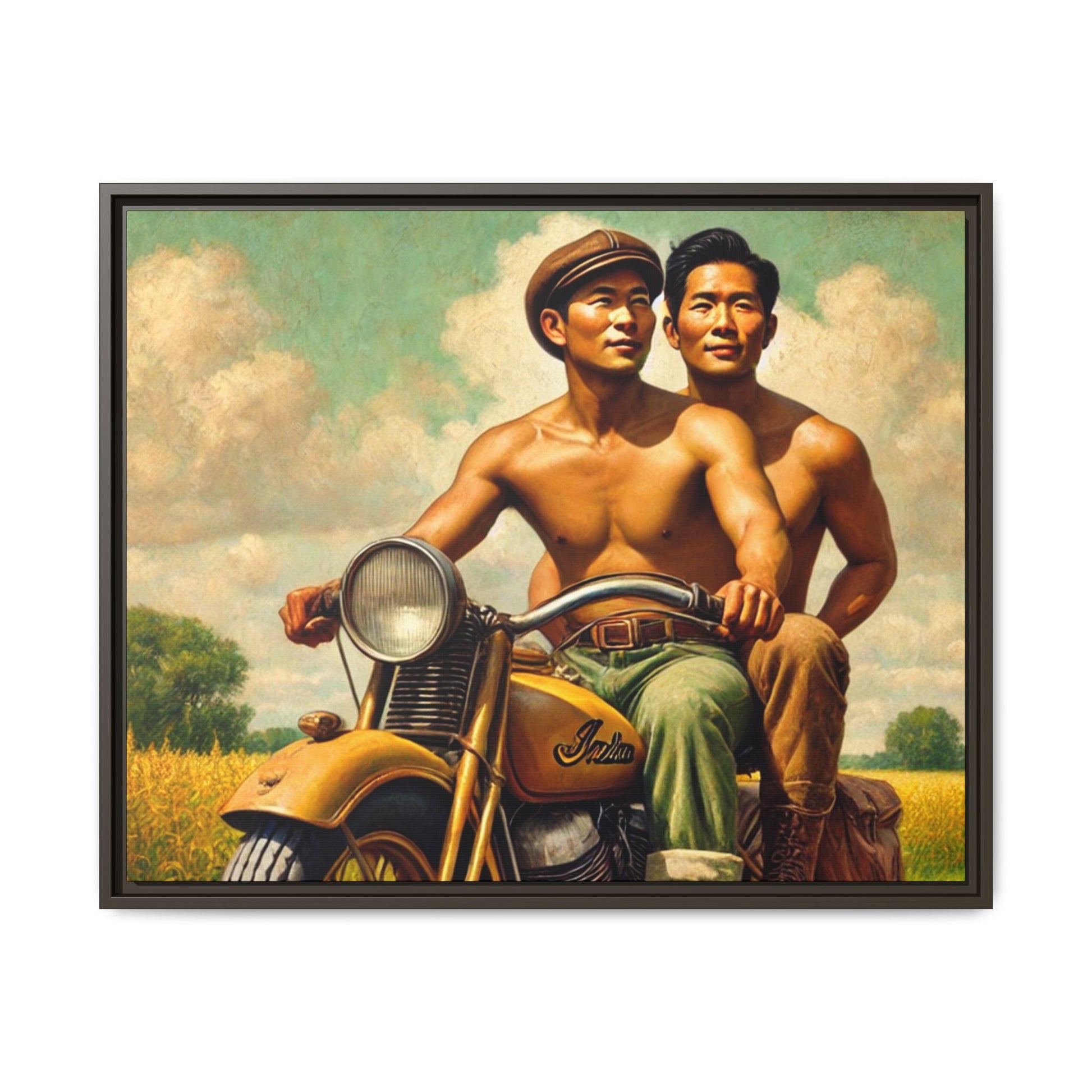 Framed artwork of an Asian-American gay couple riding a vintage yellow motorcycle through Iowa's serene countryside, celebrating love and unity.