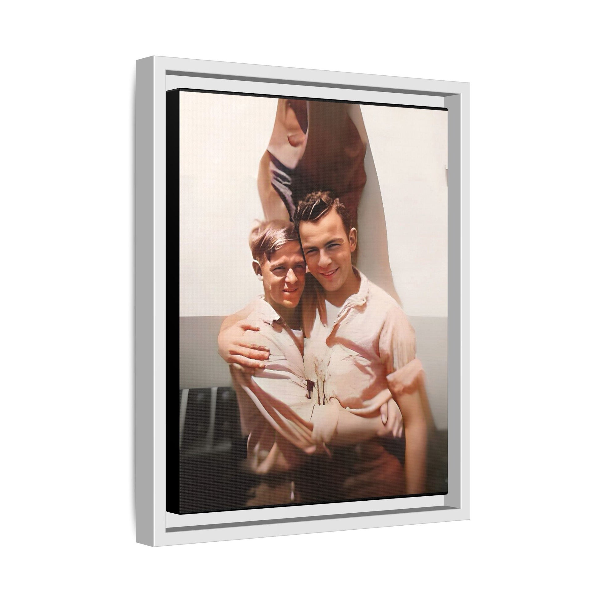 A framed vintage WWII-era portrait on matte canvas featuring Walter and Paul at Camp Shanks, NY, capturing love and resilience during wartime. Gay Couple