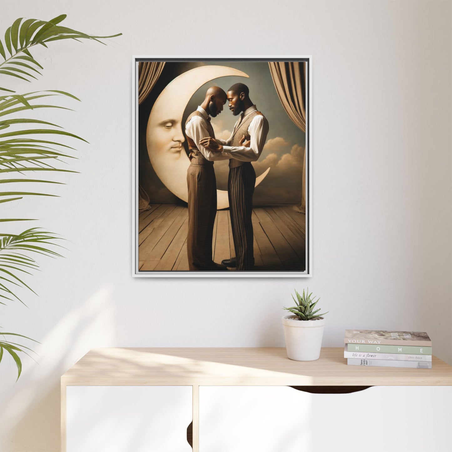 Two Black men in vintage 1920s clothing stand forehead to forehead, embraced beneath a glowing crescent moon. A theatrical scene honoring queer love, memory, and history, reclaiming moments that were never captured due to cultural bias.