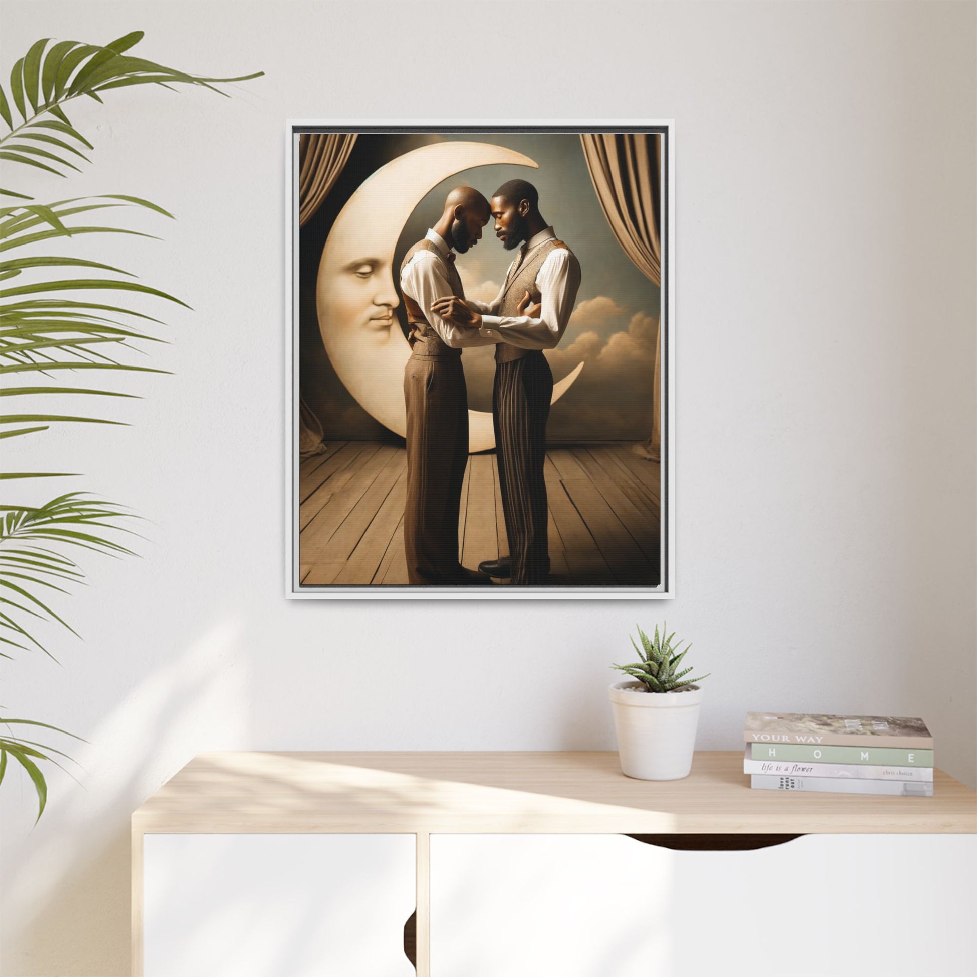 Two Black men in vintage 1920s clothing stand forehead to forehead, embraced beneath a glowing crescent moon. A theatrical scene honoring queer love, memory, and history, reclaiming moments that were never captured due to cultural bias.