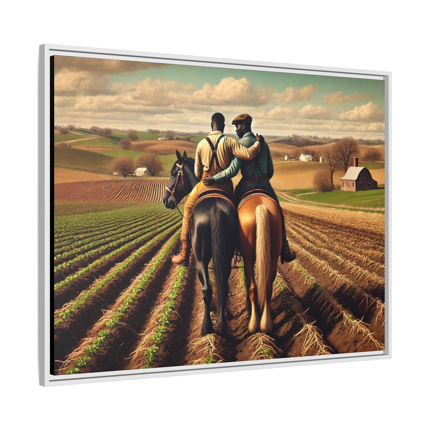 Artwork of an African-American gay couple riding horseback through expansive farmland, sharing a tender moment as they overlook lush fields. Dressed in rugged vintage attire, this scene captures resilience, love, and the charm of rural life, celebrating LGBTQ+ history and African-American heritage.