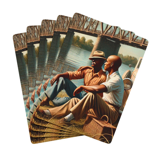 Queer Black history, 1920s picnic scene, Grant Wood-inspired Americana, Mississippi River, vintage roadster, LGBTQ+ romance. African -American Love