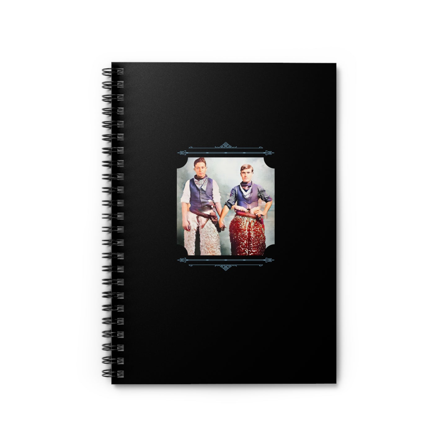 Restored early 1900s photo of two men in cowboy attire holding hands on a black spiral notebook