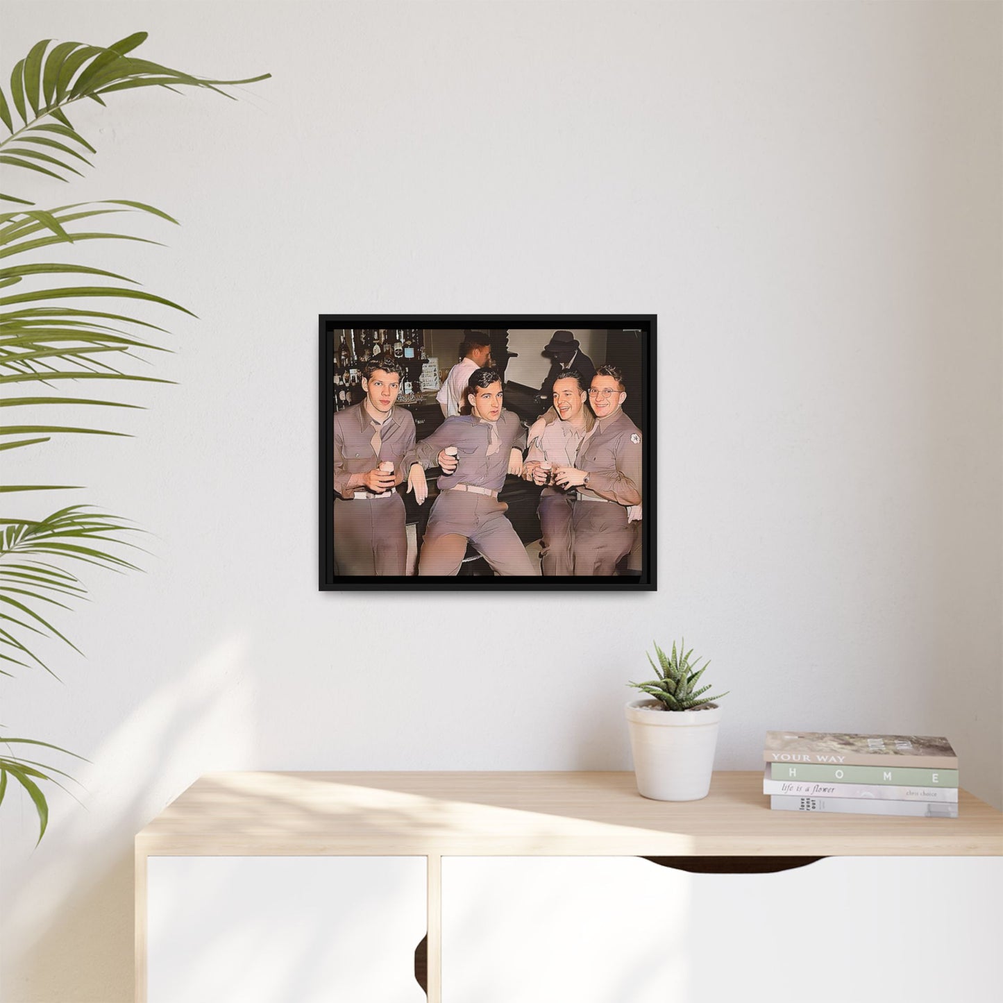 Restored vintage photograph of soldiers in uniform gathered at Jackson's gay bar in mid-20th century San Francisco. Framed matte canvas print celebrating camaraderie, resilience, and LGBTQ+ history