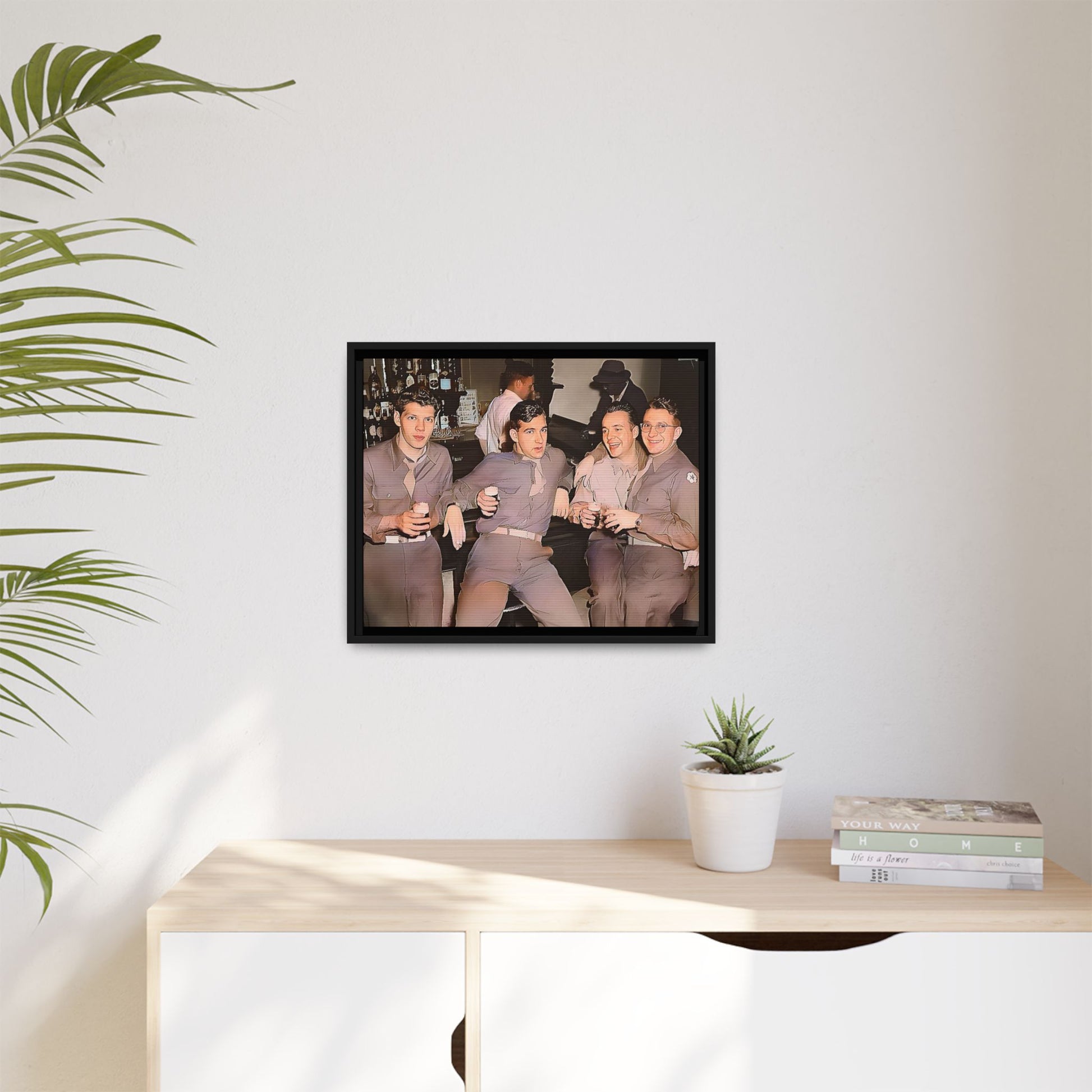 Restored vintage photograph of soldiers in uniform gathered at Jackson's gay bar in mid-20th century San Francisco. Framed matte canvas print celebrating camaraderie, resilience, and LGBTQ+ history
