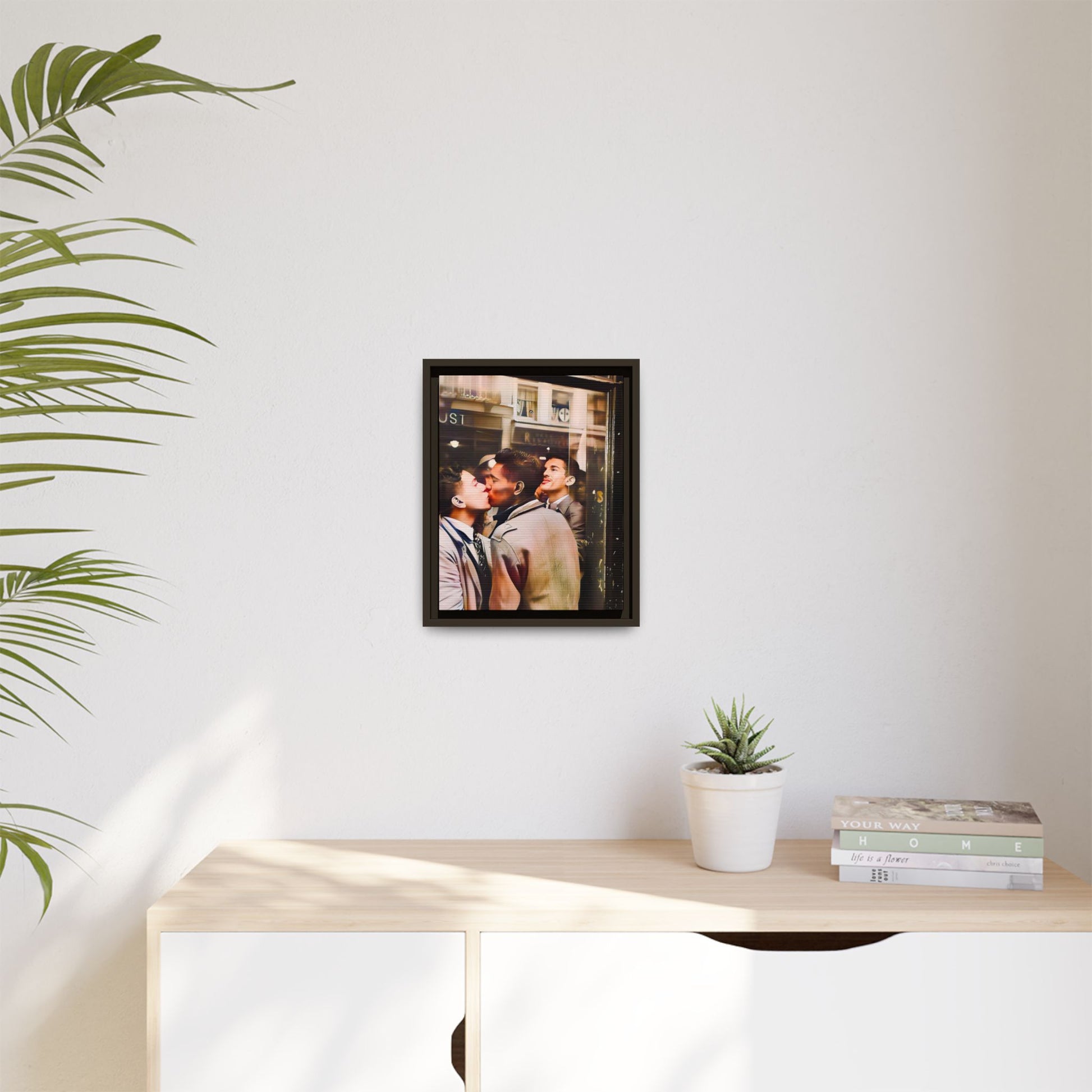 A restored 1950s LGBTQ+ couple portrait of Alejandro & Lorenzo at Mayfair Bar, NYC. A romantic queer history print on matte canvas, capturing love, resilience, and authenticity in a vibrant nightlife setting.