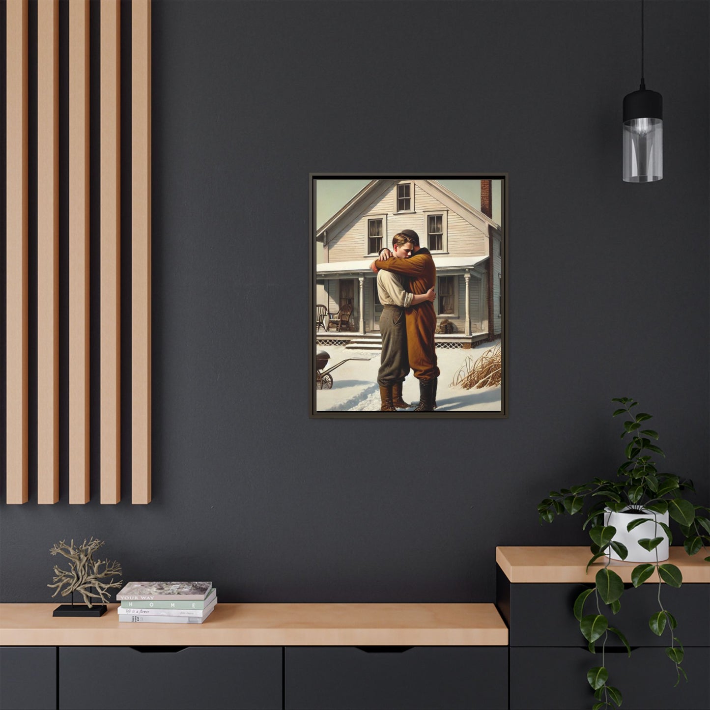 Artwork of a tender moment between a gay couple embracing outside a farmhouse in a snowy, rural landscape. Dressed in vintage attire, the two men find warmth and comfort in each other’s arms, capturing love and connection in a serene, Americana winter setting