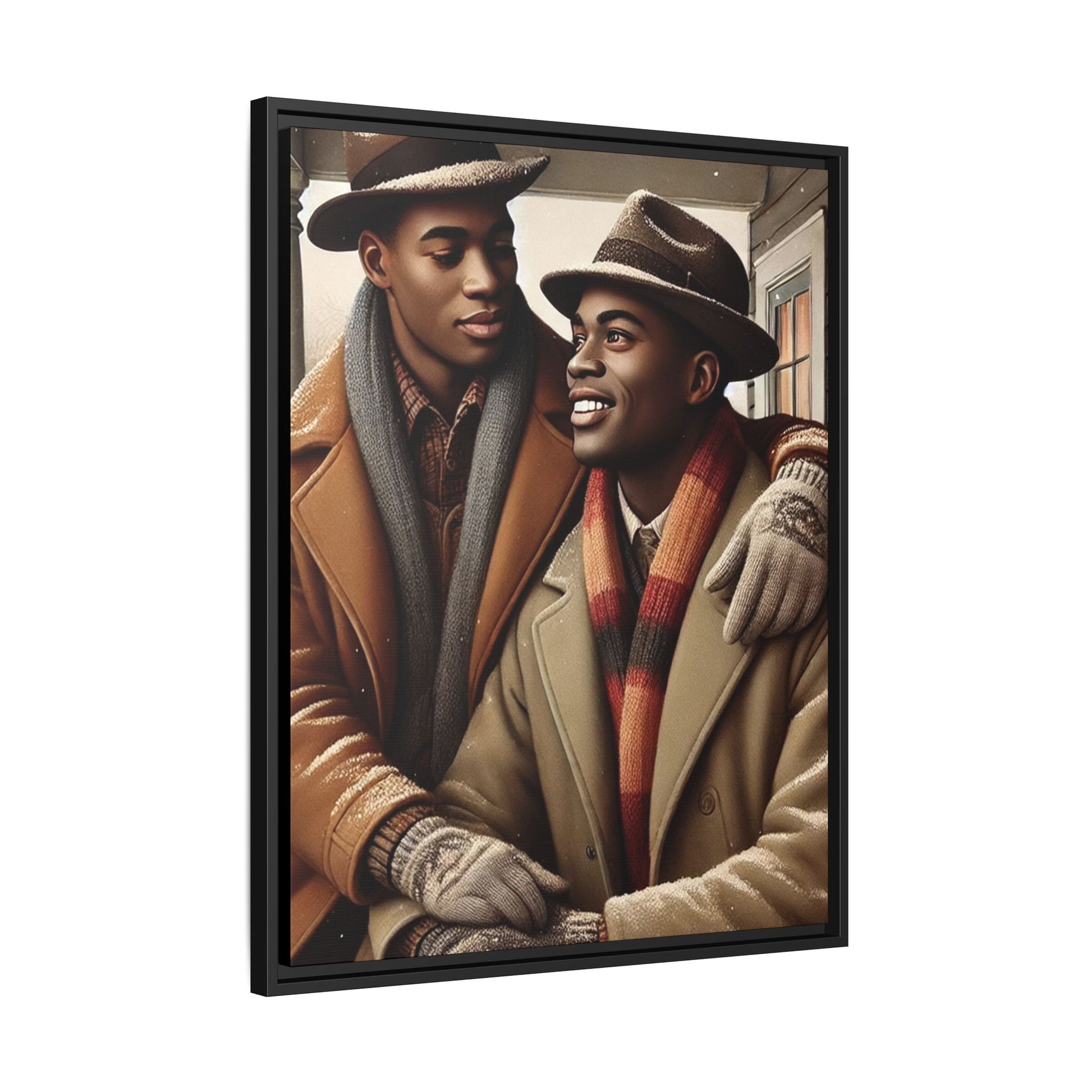 Artwork of an African-American gay couple sharing a cozy winter moment on a porch. Dressed in vintage winter attire with fedoras, scarves, and warm coats, they exchange affectionate gazes amidst softly falling snow, capturing love, warmth, and intimacy in a nostalgic winter setting.