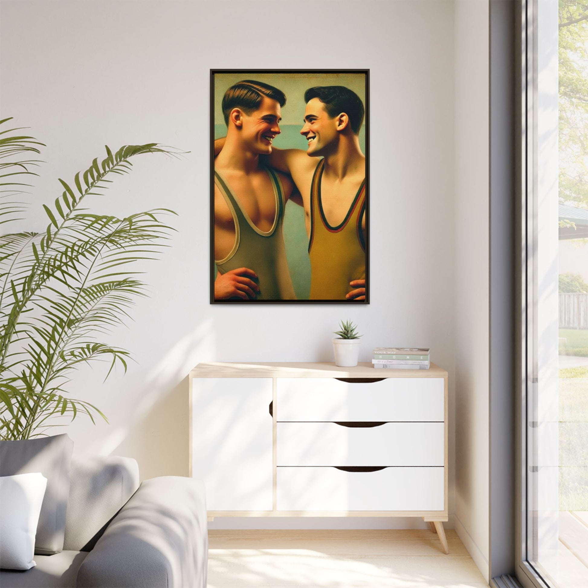 Framed artwork of two young wrestlers in vintage singlets sharing a candid moment, inspired by Grant Wood's Regionalist art style.