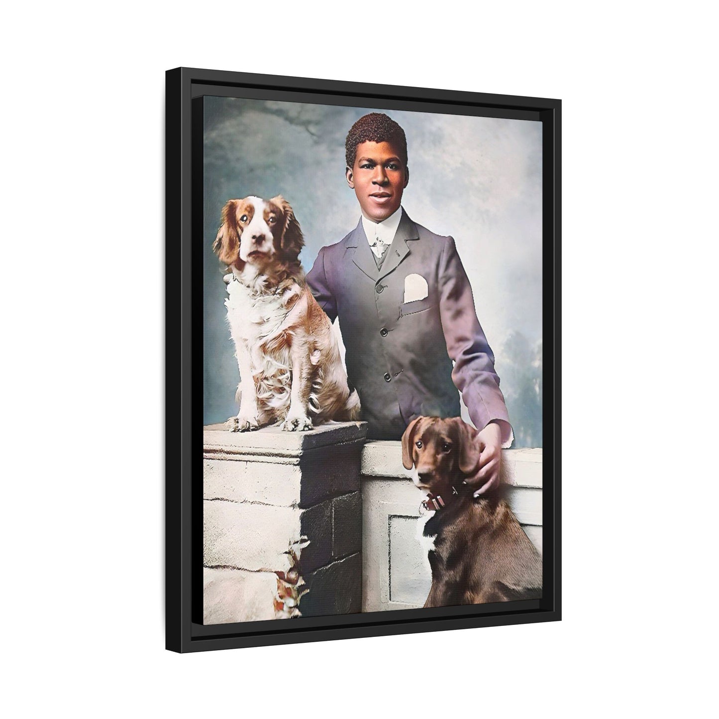 A restored vintage portrait of Marcus with his dogs, Buster and Ellis, in Charlotte, North Carolina. This framed matte canvas print captures the elegance of Southern charm and the enduring bond between a man and his loyal companions. Vintage Dog Portrait