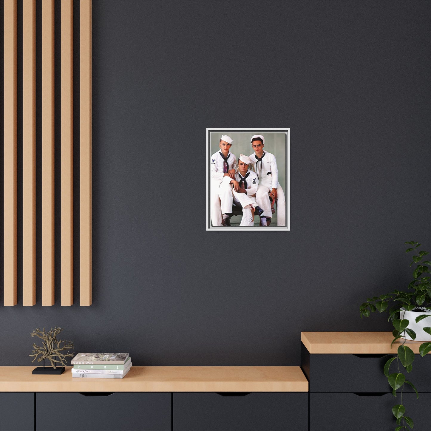 A restored vintage portrait of three sailors aboard the USS Alabama. This framed matte canvas honors naval history, camaraderie, and timeless service.
