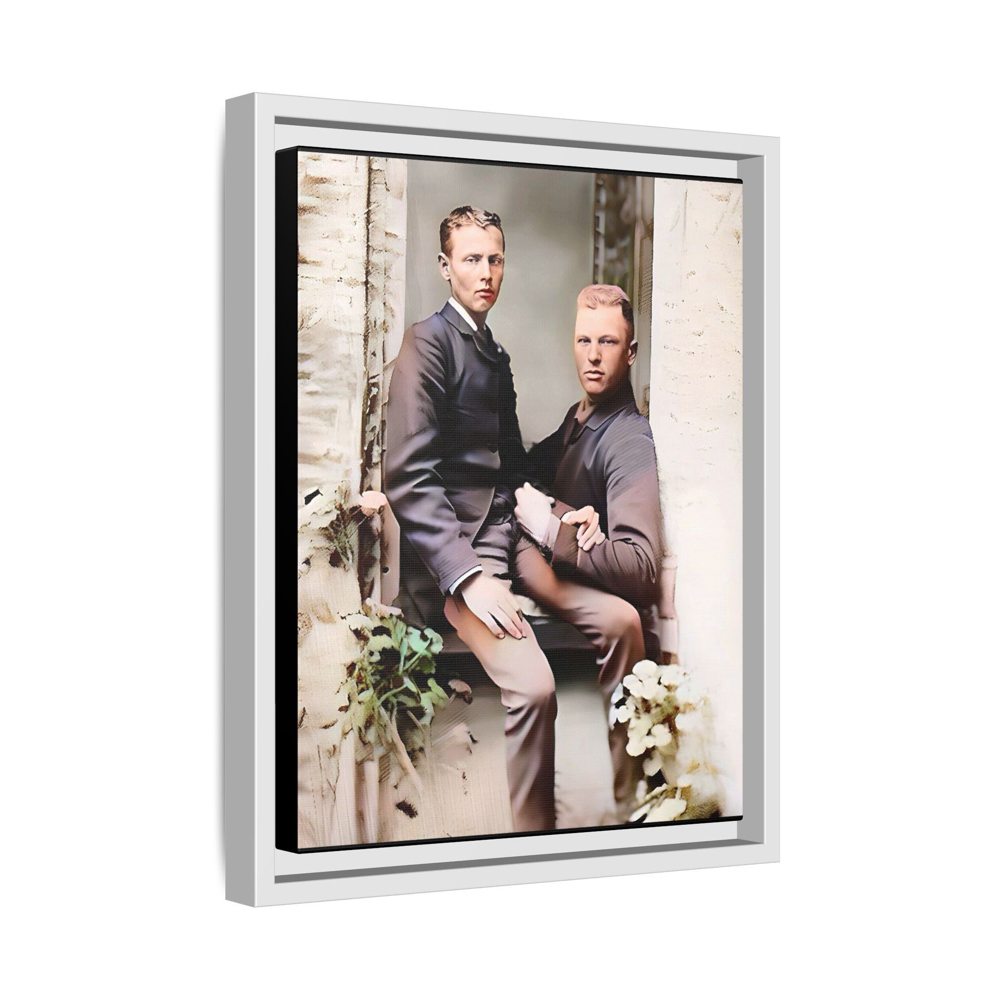 Restored vintage photo of Albert & Harold in tender embrace, Austin TX gay couple, framed art