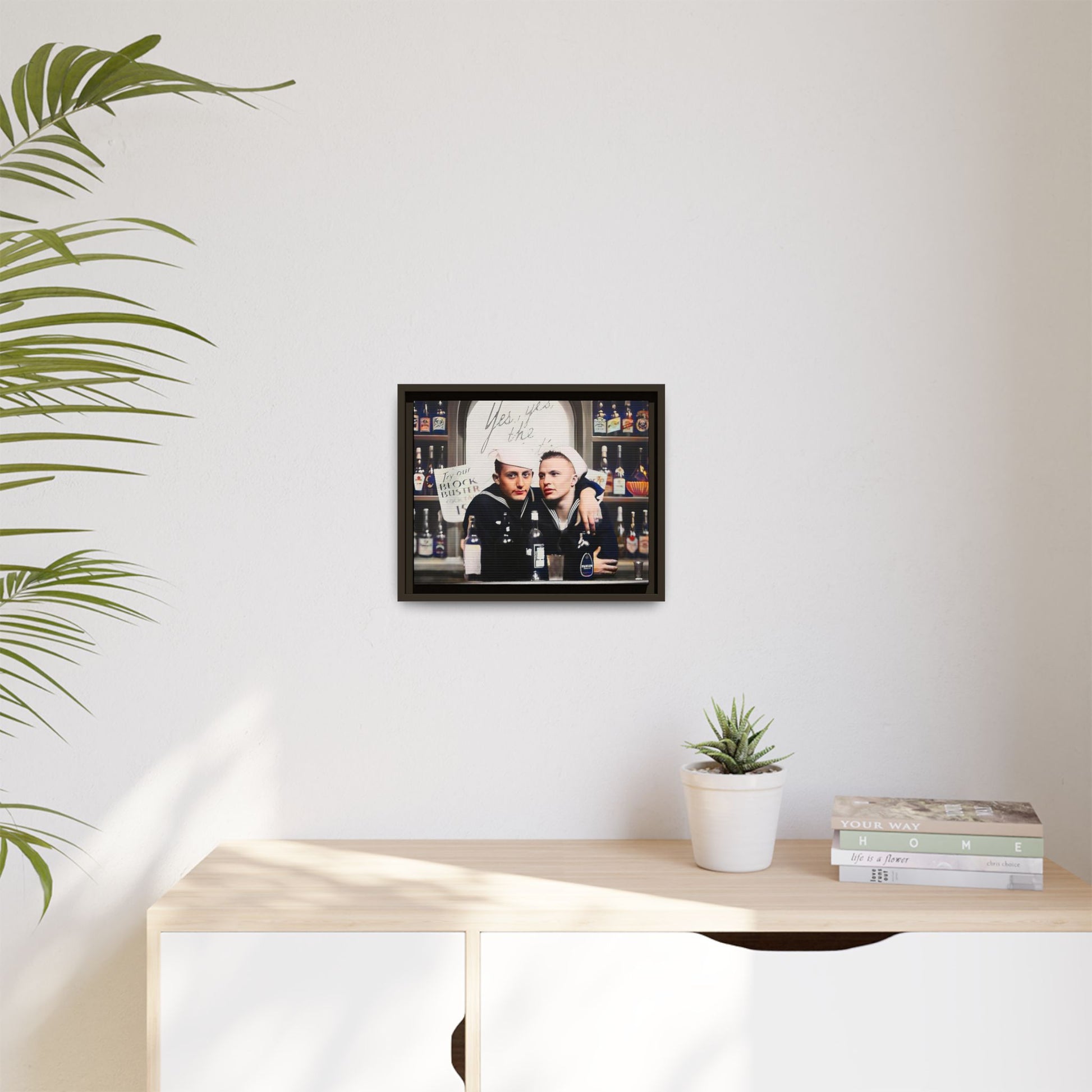A restored vintage photo of Matt & Cory at Naval Air Station Alameda, CA. This framed matte canvas print captures camaraderie, LGBTQ+ history, and the spirit of military service, making it a unique and nostalgic keepsake for history lovers. Gay Couple Sailors