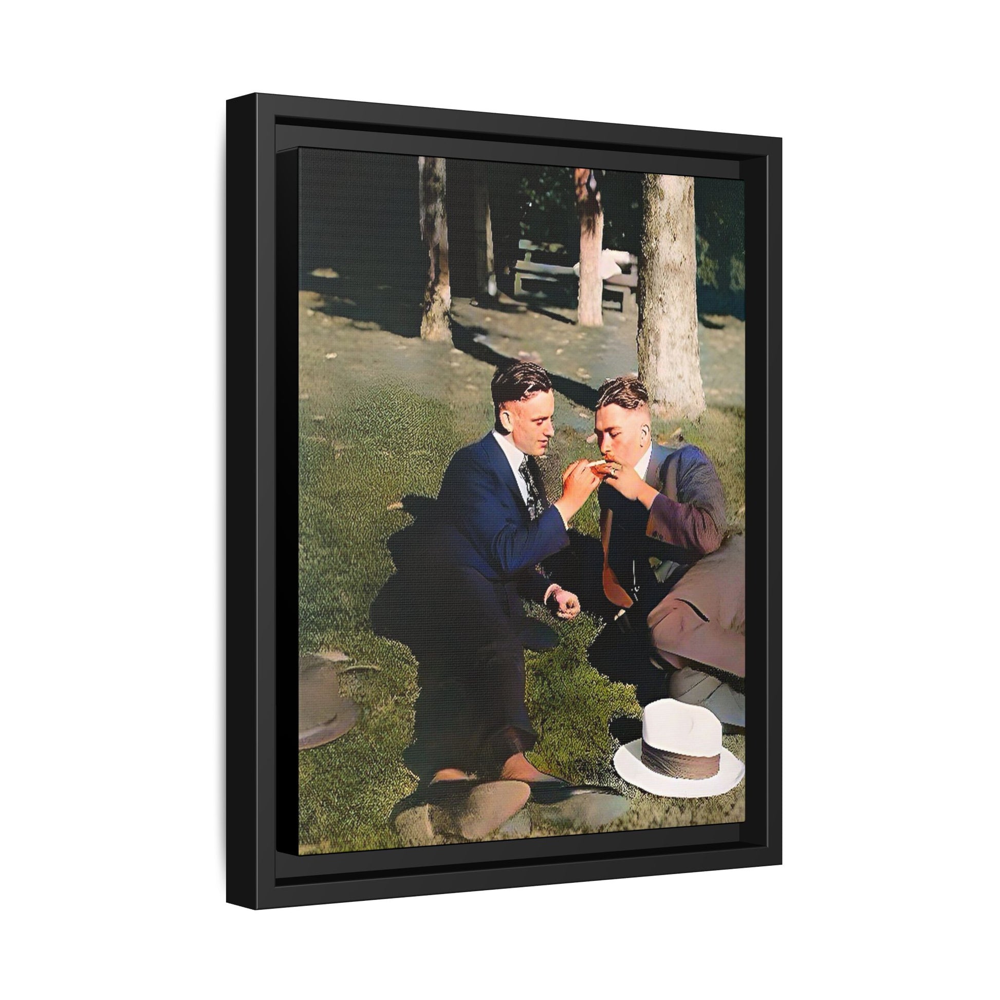 A framed vintage portrait on matte canvas featuring Oscar and Iván in Central Park, Manhattan, capturing timeless love and 1920s elegance. Gay Couple Queer History