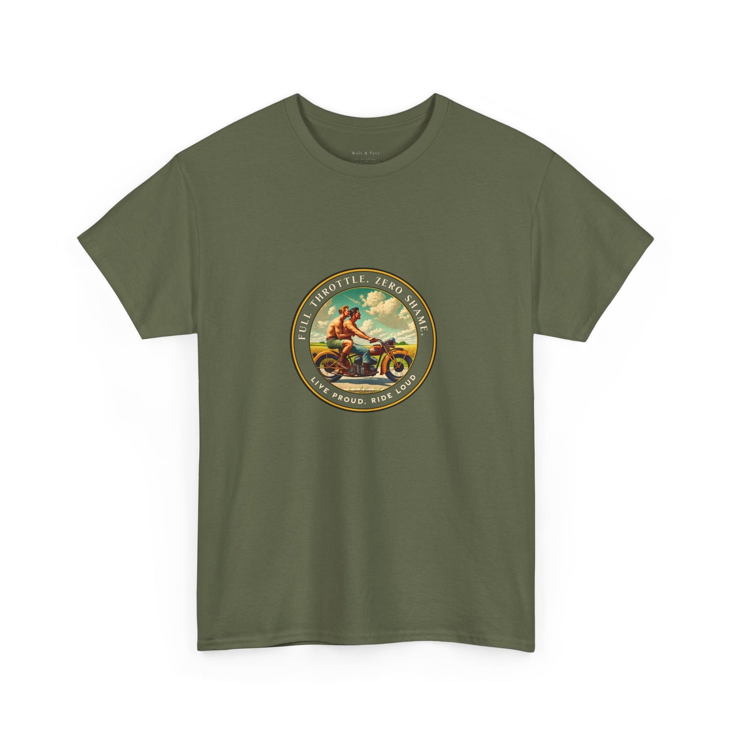 Celebrate queer Latinx pride with this bold vintage-inspired t-shirt from Walt & Pete®. Featuring two shirtless Latino men riding a motorcycle beneath the empowering text “Full Throttle. Zero Shame” and “Live Proud. Ride Loud,” this shirt honors LGBTQ+ love, freedom, and fearless self-expression.