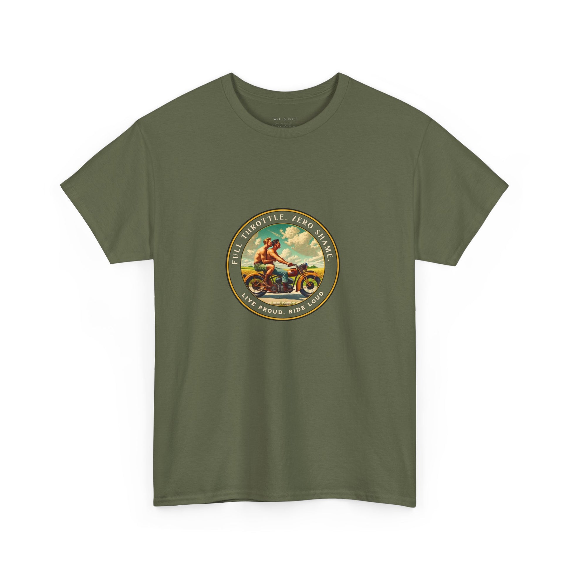 Celebrate queer Latinx pride with this bold vintage-inspired t-shirt from Walt & Pete®. Featuring two shirtless Latino men riding a motorcycle beneath the empowering text “Full Throttle. Zero Shame” and “Live Proud. Ride Loud,” this shirt honors LGBTQ+ love, freedom, and fearless self-expression.
