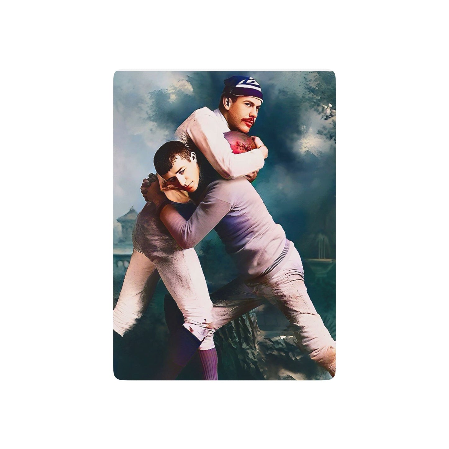 Vintage photo of two rugby players in a close embrace, symbolizing LGBTQ+ love and deep bonds in early 20th-century sports.