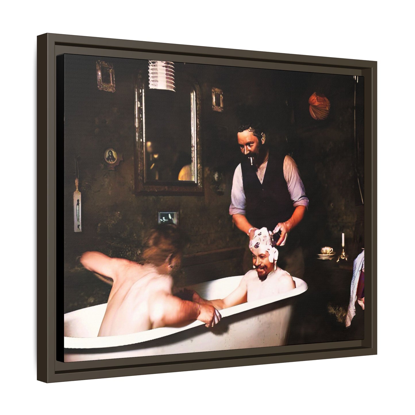 Restored vintage photo of camaraderie at Walsh Depot, Battle Mountain, NV, featuring a clawfoot tub, and framed canvas art. Naked Men in the bathtub. Gay Bears