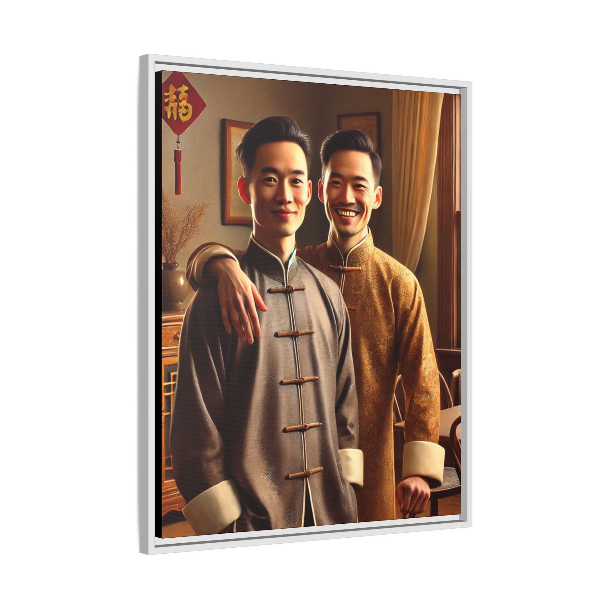 Artwork featuring a joyful portrait of a Chinese queer couple celebrating Chinese New Year in traditional attire. Set in a cozy American home adorned with subtle decorations, this image captures love, cultural pride, and warmth, blending Chinese heritage with a Midwestern setting