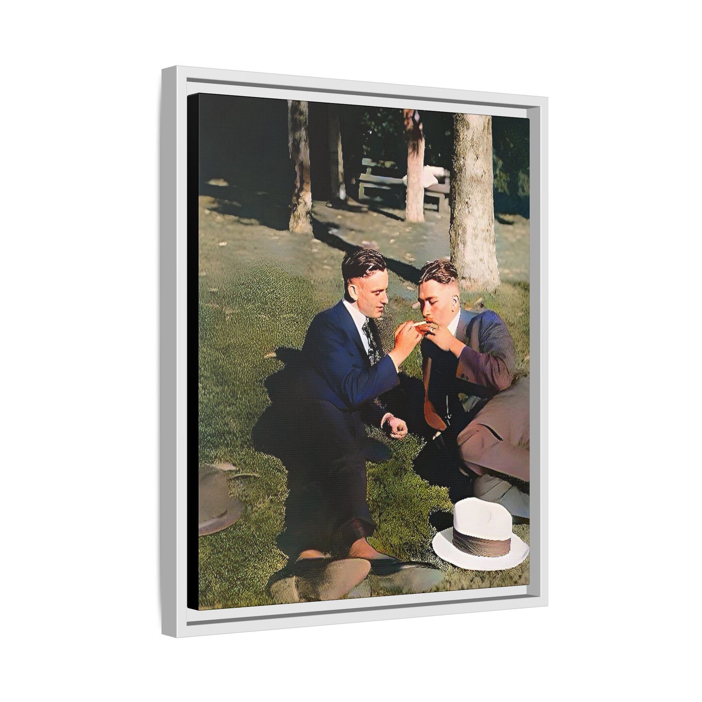 A framed vintage portrait on matte canvas featuring Oscar and Iván in Central Park, Manhattan, capturing timeless love and 1920s elegance. Gay Couple Queer History