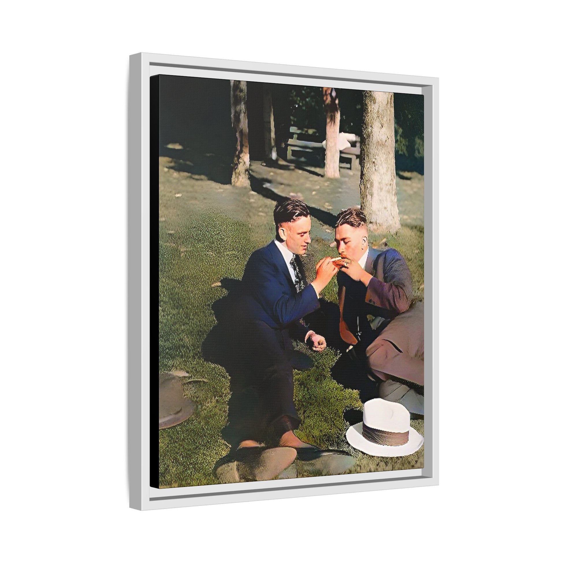 A framed vintage portrait on matte canvas featuring Oscar and Iván in Central Park, Manhattan, capturing timeless love and 1920s elegance. Gay Couple Queer History