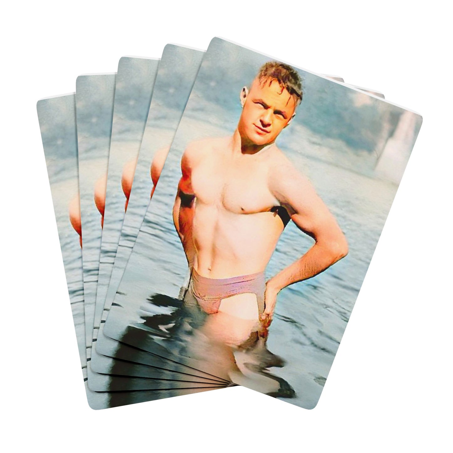 Vintage poker cards featuring a restored photo of a young man standing in Lake Wawasee, Indiana, in classic 1930s swimwear.
