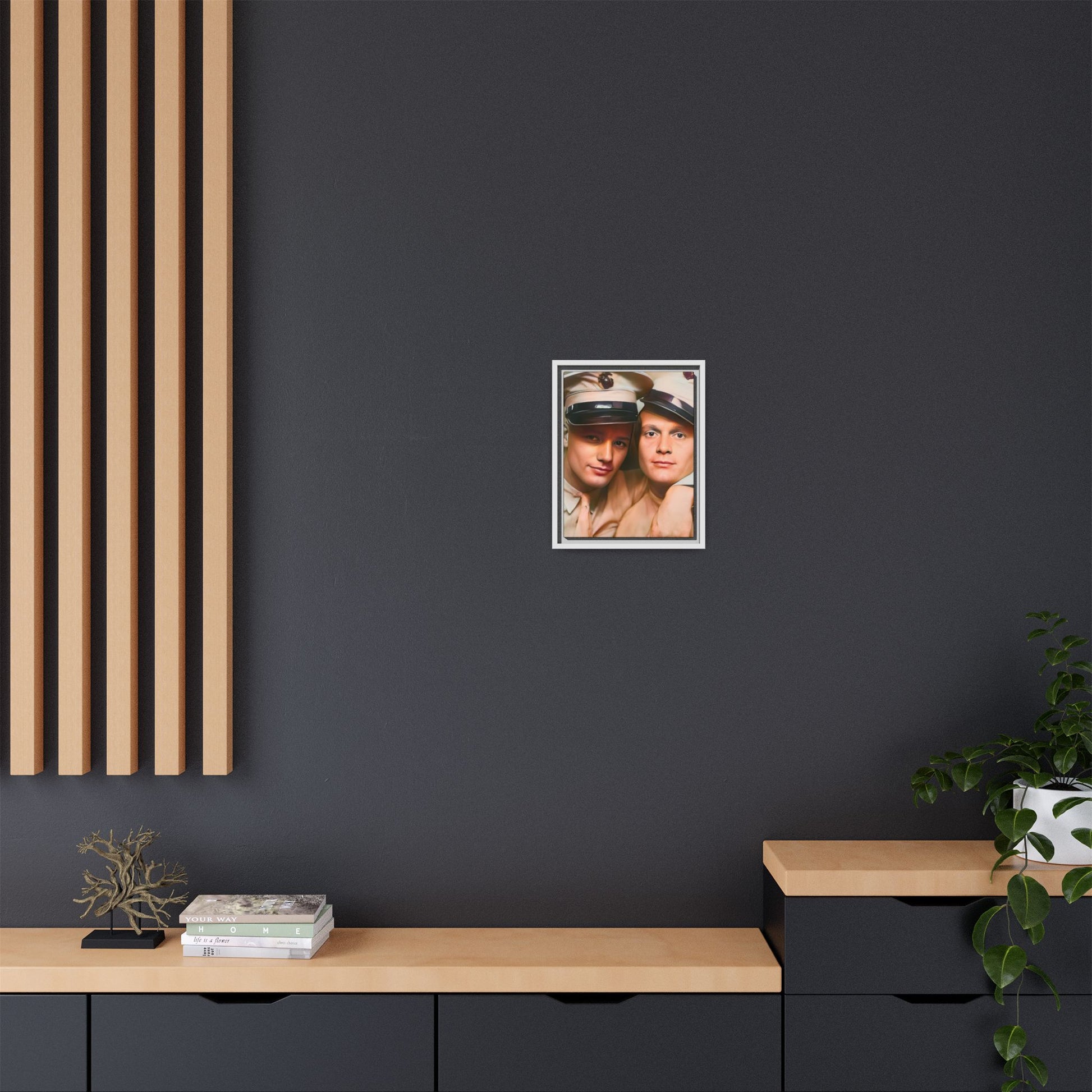 Restored vintage photograph of Paul and Ralph, an early 20th-century LGBTQ+ military couple from Camp Atterbury, Indiana. Framed matte canvas print celebrating love, courage, and LGBTQ+ history. Gay Couple Photo Booth