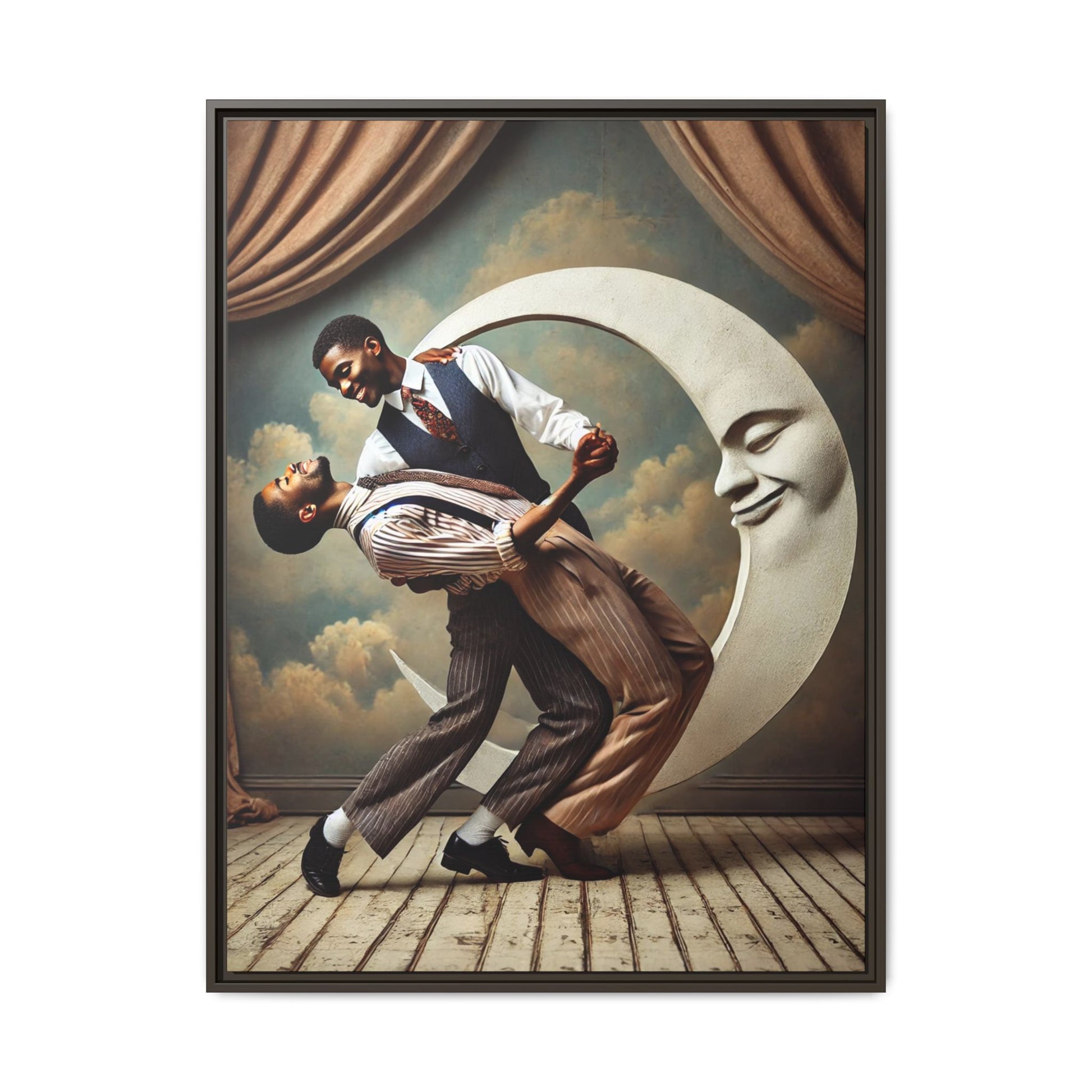Framed artwork of two Black men in vintage suits dancing tenderly beneath a crescent moon with a smiling face. A romantic 1920s-inspired scene with velvet curtains and a painted sky backdrop. Part of a collection reclaiming lost queer Black history and art.