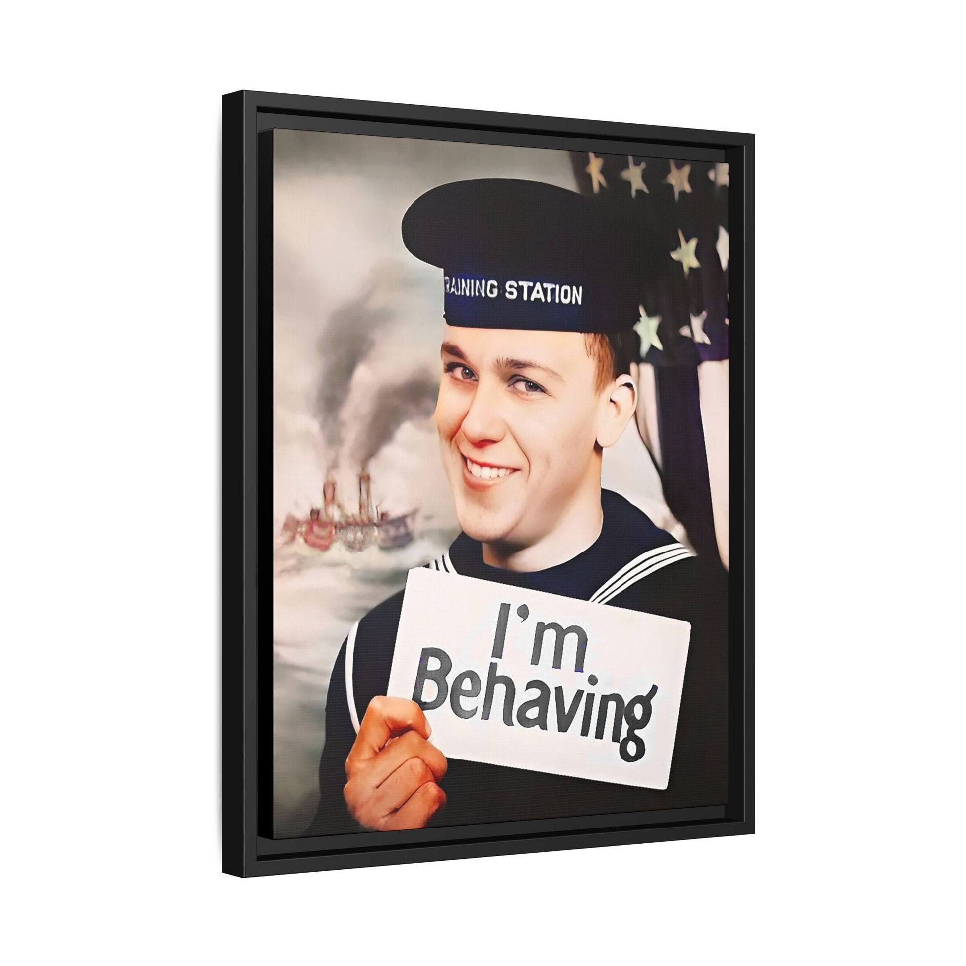 A vintage U.S. Navy sailor portrait featuring Carl at the Washington Navy Yard, grinning while holding a card reading "I'm Behaving." This framed matte canvas print is a charming mix of humor and military history, perfect for collectors and veterans.