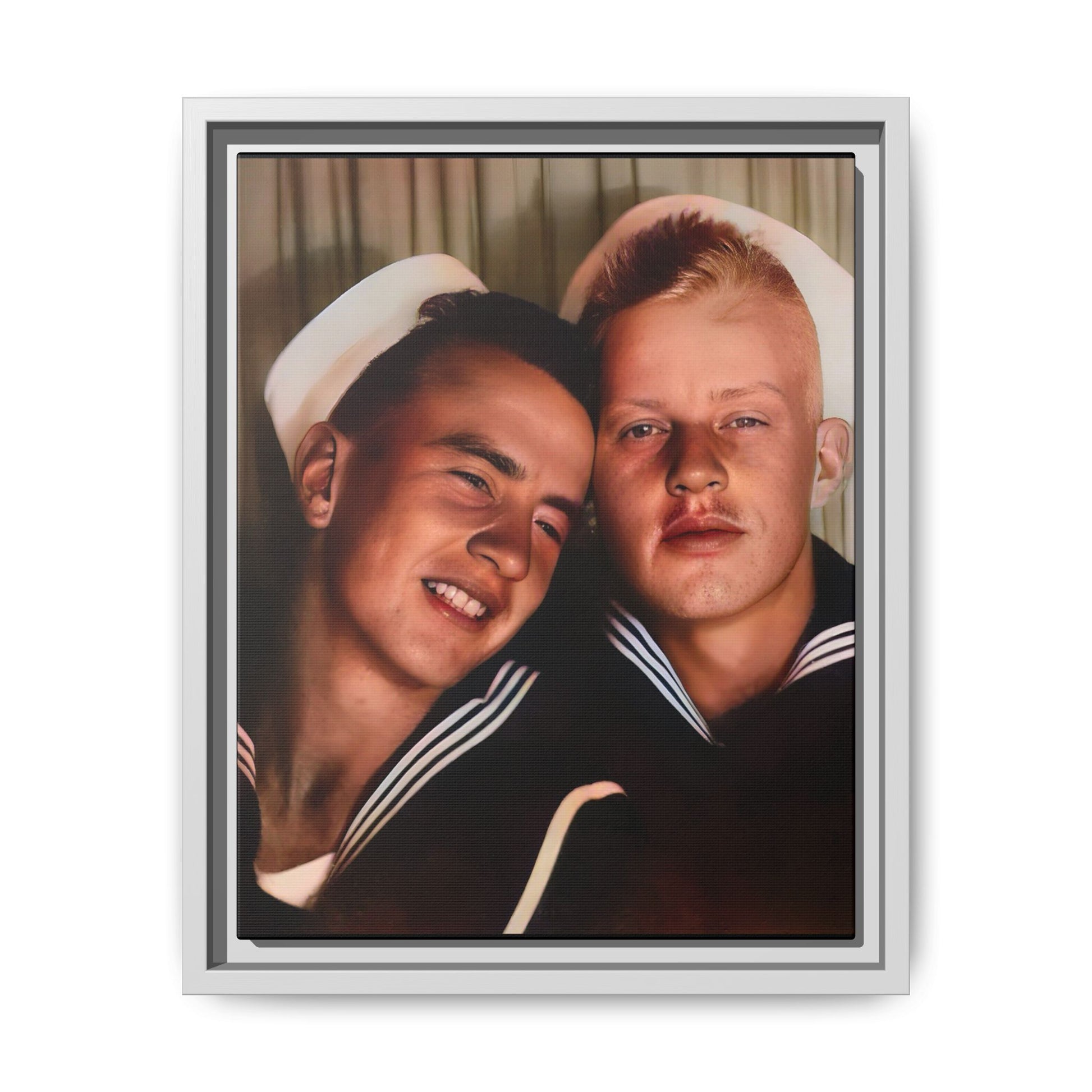 A framed vintage sailor portrait on matte canvas featuring Ray and Clyde in Newport, Rhode Island, capturing timeless LGBTQ+ love and companionship. Gay Couple Photo Booth