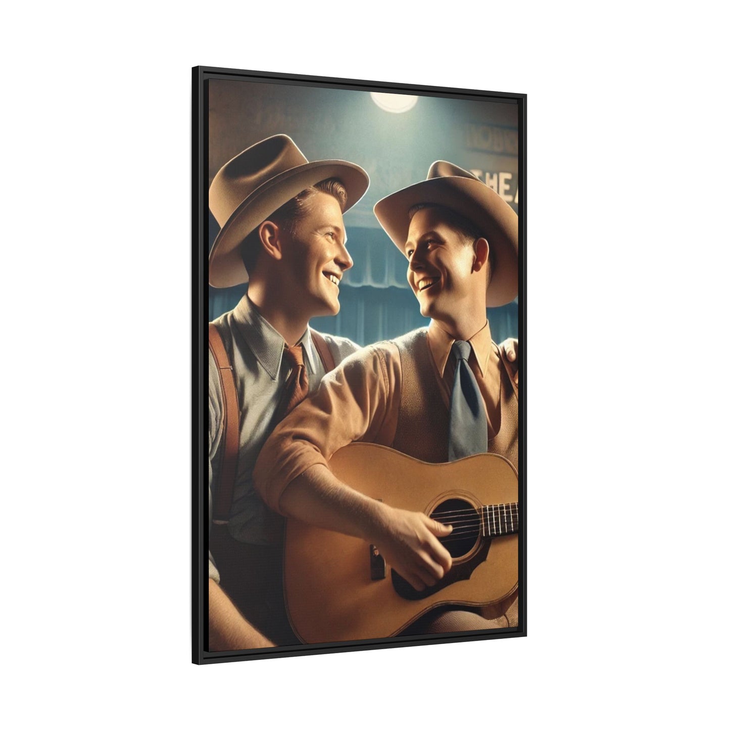 Artwork of a gay couple recording a country-western song in a 1930s-style studio. Dressed in classic Western attire with wide-brimmed hats and button-up shirts, the two men share an affectionate gaze, capturing love and unity in a nostalgic, vintage setting.