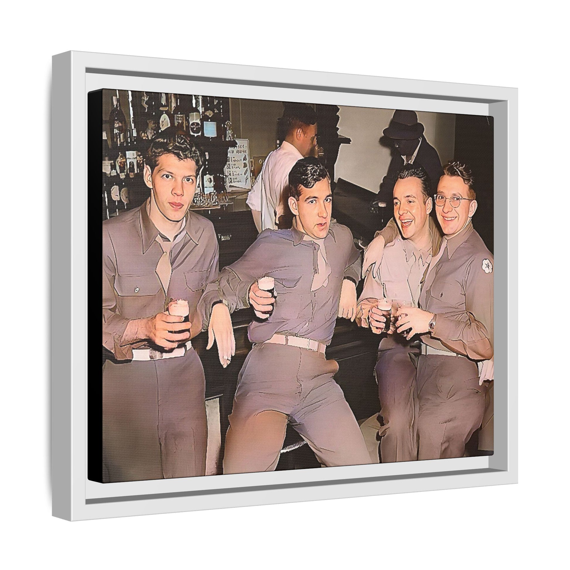 Restored vintage photograph of soldiers in uniform gathered at Jackson's gay bar in mid-20th century San Francisco. Framed matte canvas print celebrating camaraderie, resilience, and LGBTQ+ history