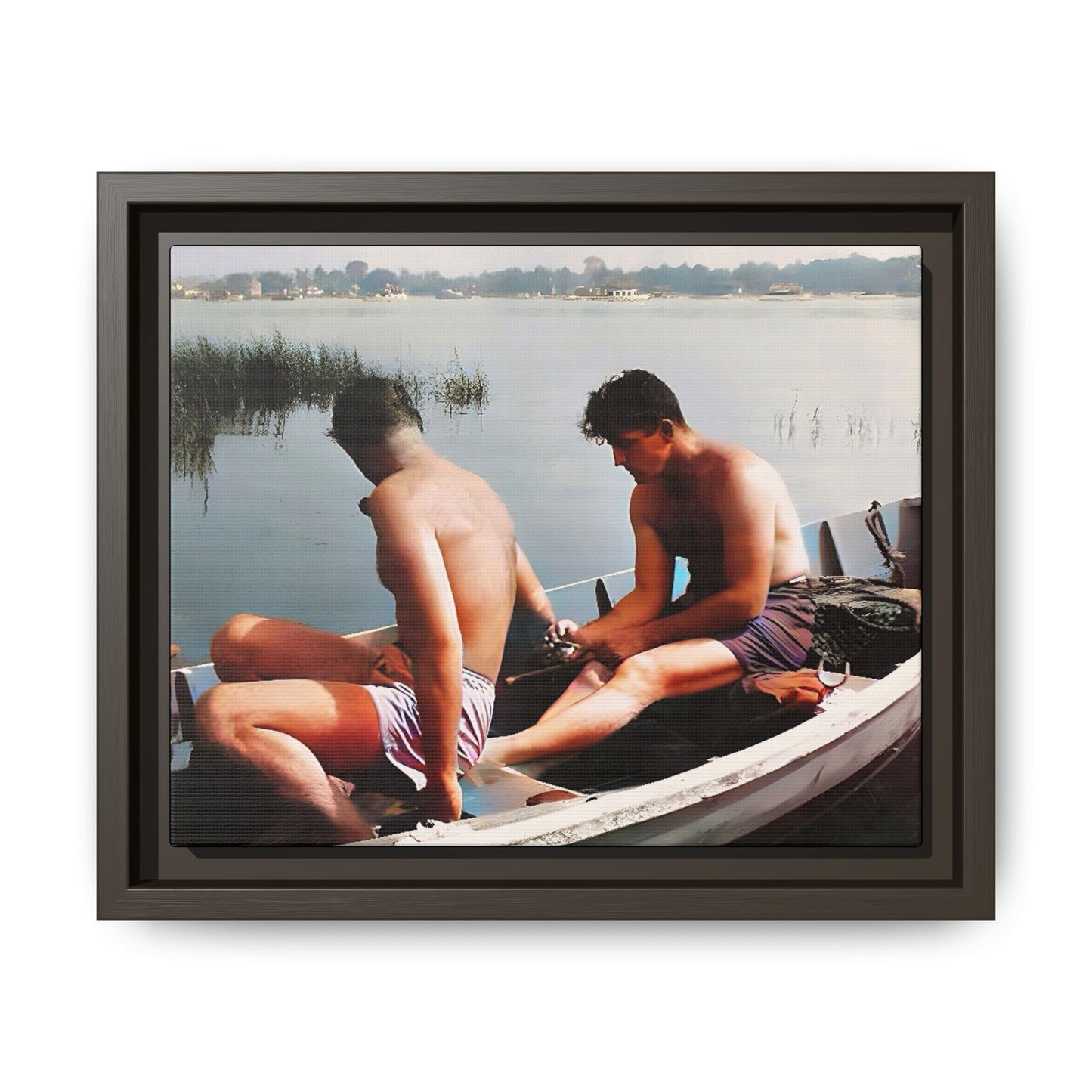 A restored vintage photo of Ned & Marty in a boat at Cape May, New Jersey. This framed matte canvas captures a serene LGBTQ+ love story, offering a nostalgic and timeless nautical scene perfect for collectors and history enthusiasts. Gay Couple