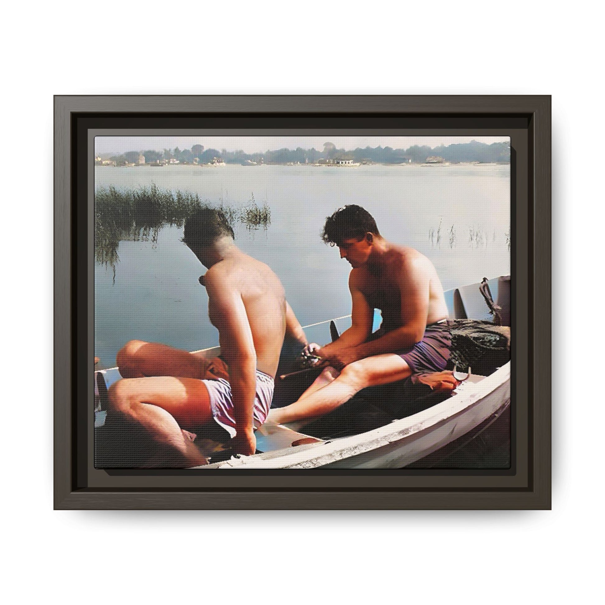 A restored vintage photo of Ned & Marty in a boat at Cape May, New Jersey. This framed matte canvas captures a serene LGBTQ+ love story, offering a nostalgic and timeless nautical scene perfect for collectors and history enthusiasts. Gay Couple