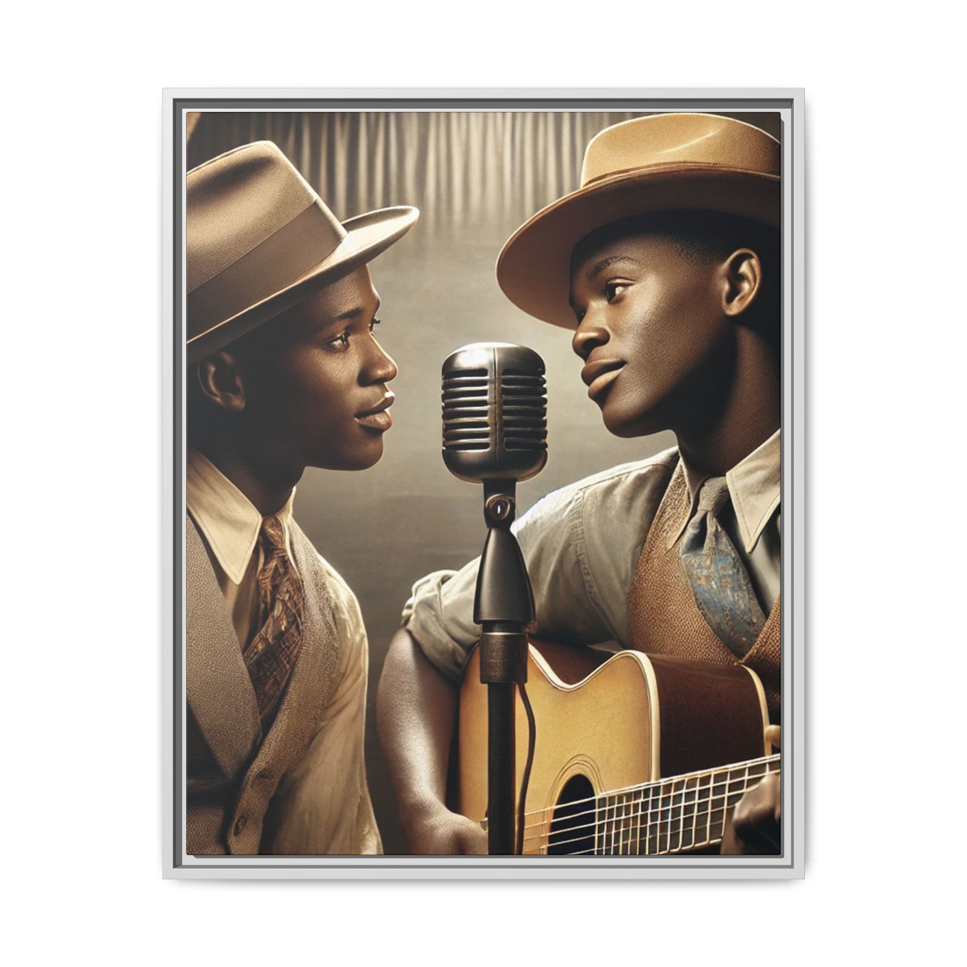 Artwork of an African-American gay couple recording a song in a 1930s-style studio. Dressed in vintage attire with fedoras and ties, they share a close, tender moment around a classic microphone, capturing love, music, and cultural heritage in a nostalgic setting