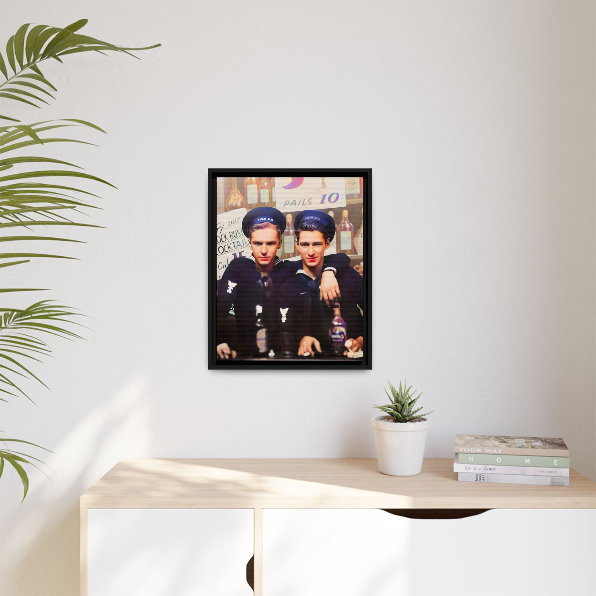 A restored vintage naval portrait of Leo & Vincent, two sailors at Norfolk Naval Station. This framed matte canvas captures LGBTQ+ history, camaraderie, and resilience in a timeless moment. Gay Couple