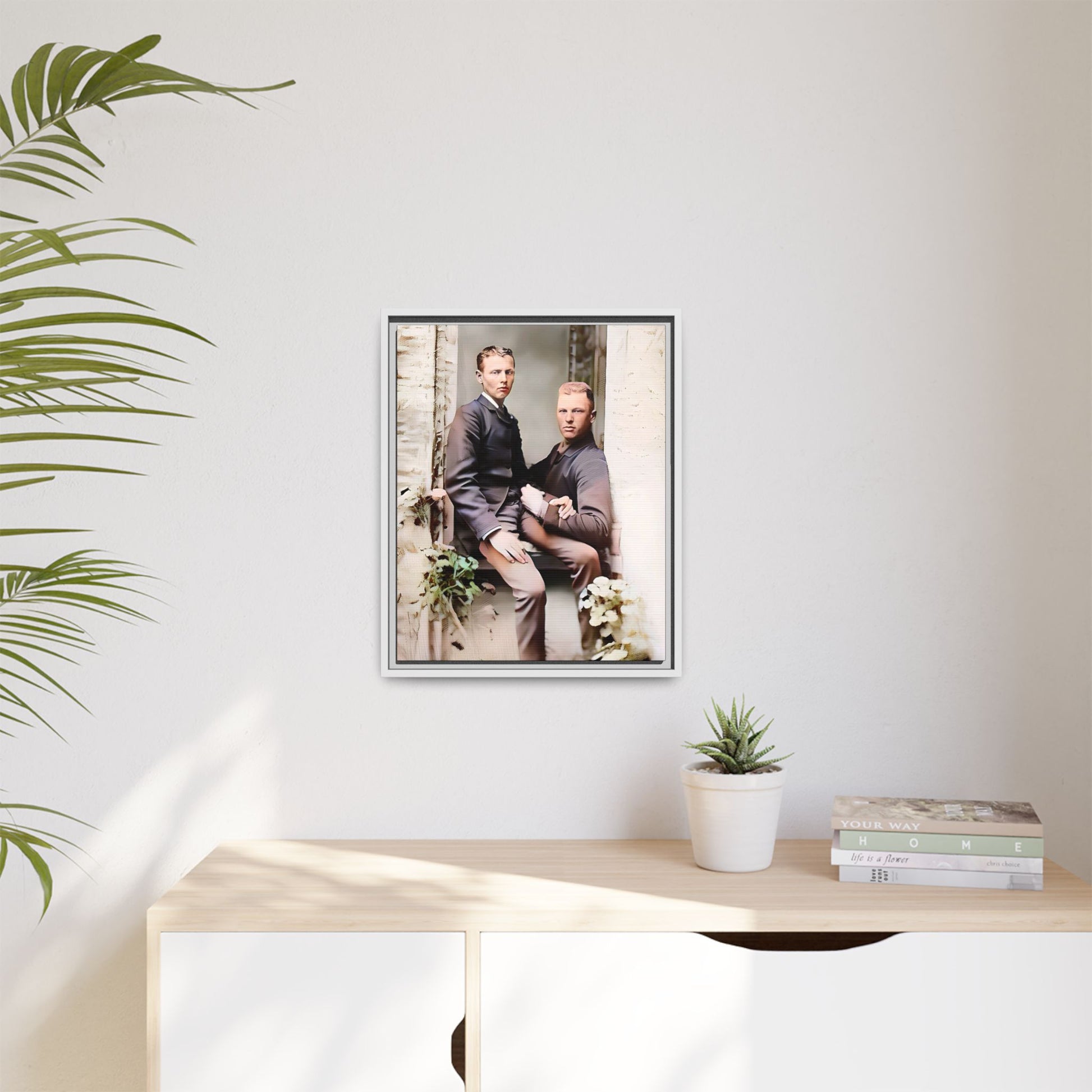 Restored vintage photo of Albert & Harold in tender embrace, Austin TX gay couple, framed art