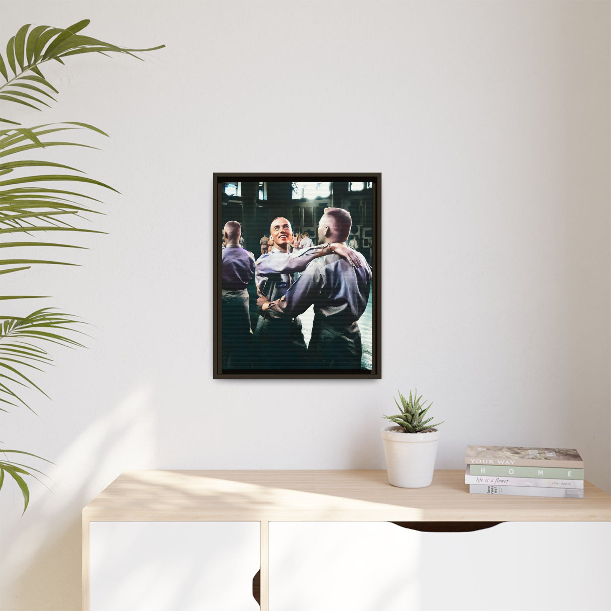 Restored mid-20th century photo of two men dancing at a USO event in Fort Belvoir, celebrating LGBTQ+ love and resilience, framed as wall décor Gay Couple